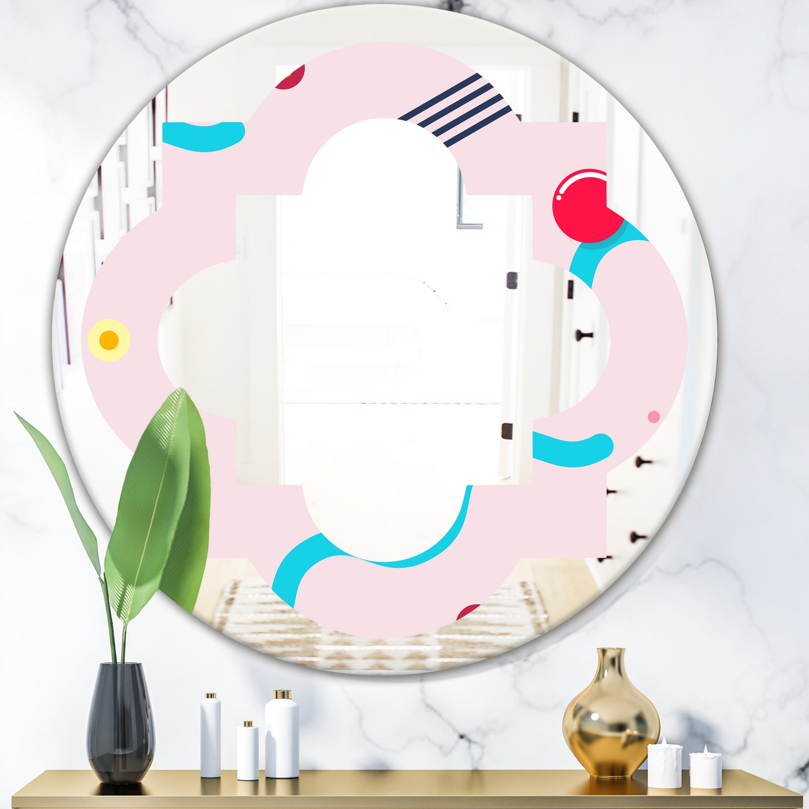 Retro Geometrical Abstract Pattern III - Modern Round or Oval Wall Mirror - Quatrefoil