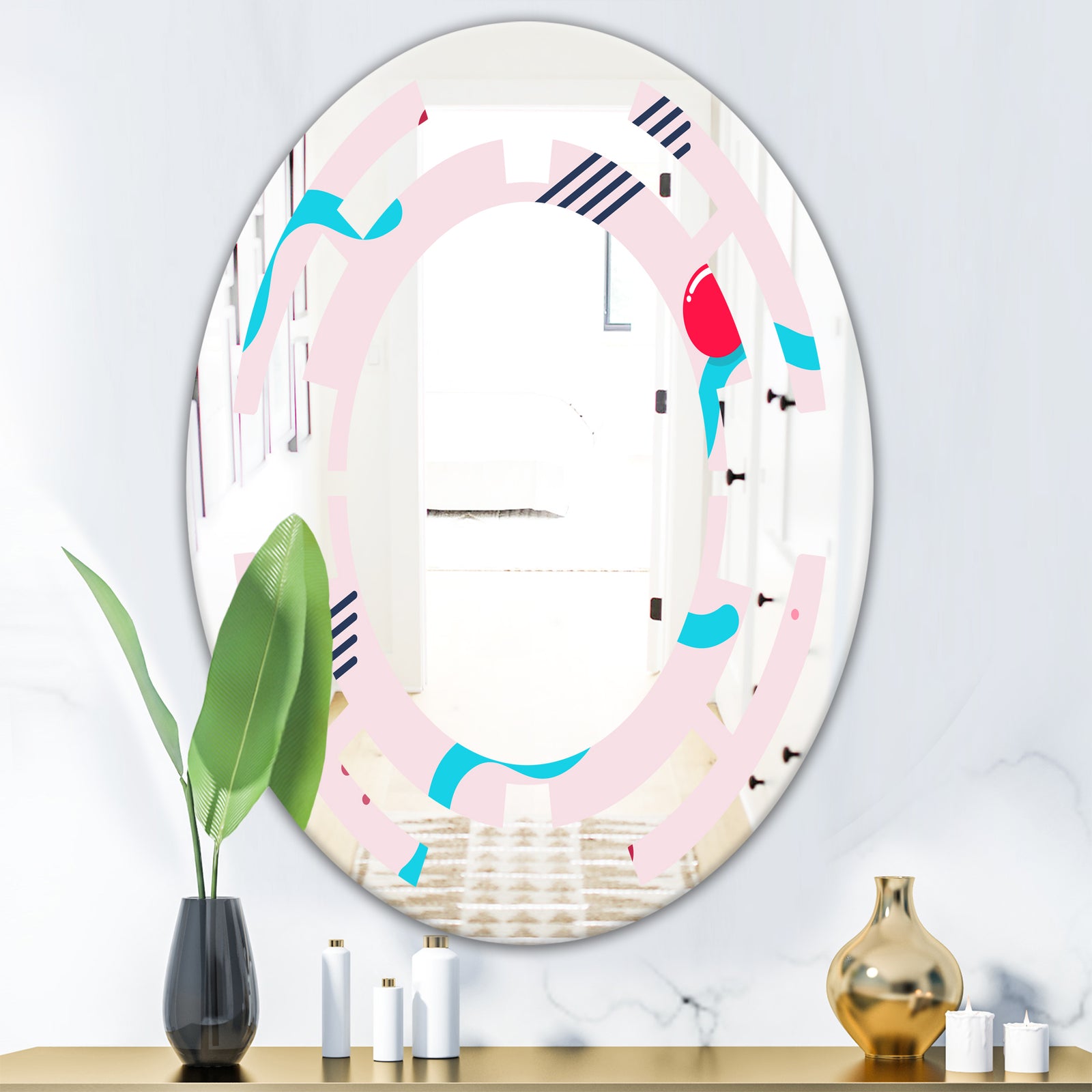 Retro Geometrical Abstract Pattern III - Modern Round or Oval Wall Mirror - Space