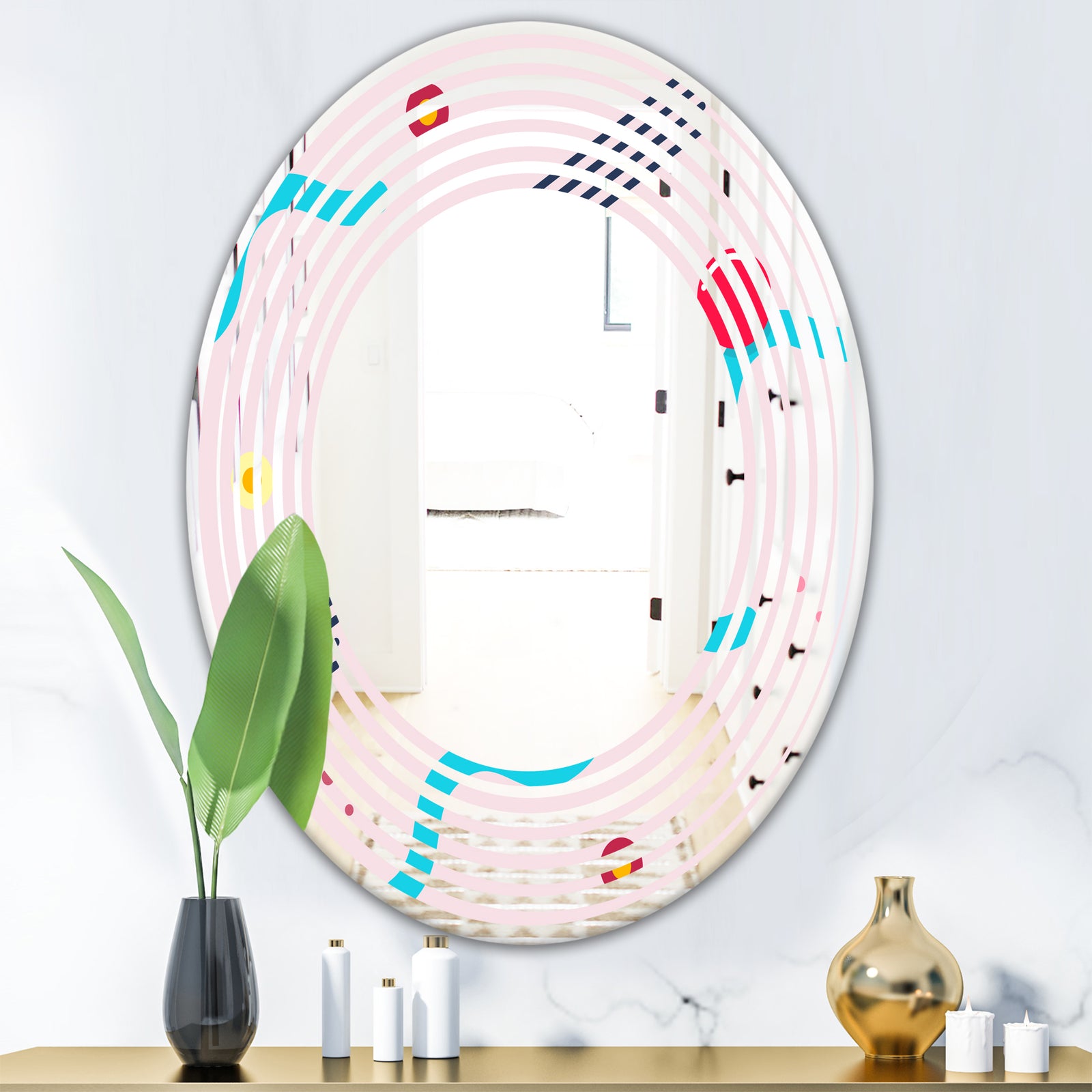 Retro Geometrical Abstract Pattern III - Modern Round or Oval Wall Mirror - Wave