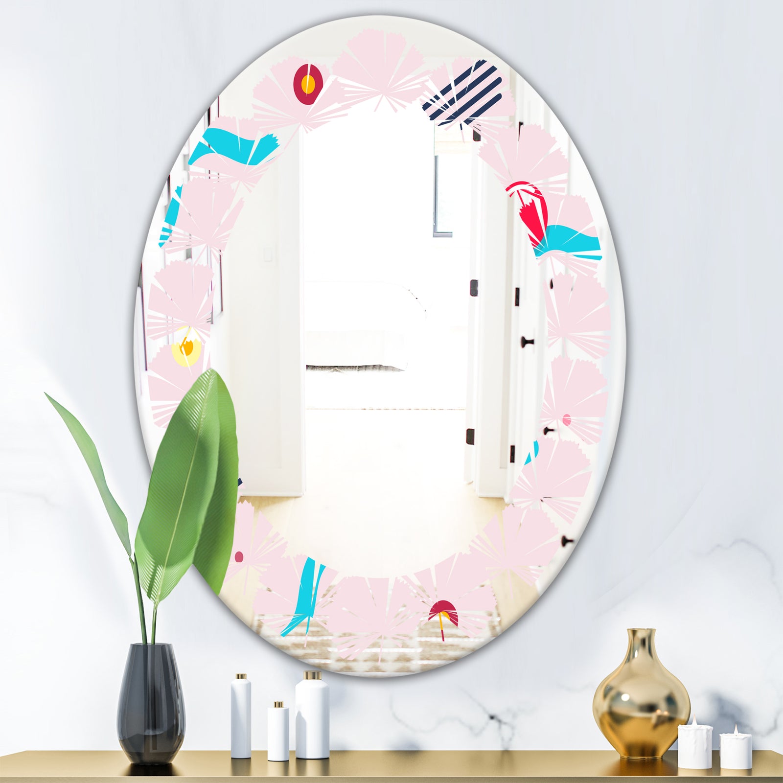Retro Geometrical Abstract Pattern III - Modern Round or Oval Wall Mirror - Leaves