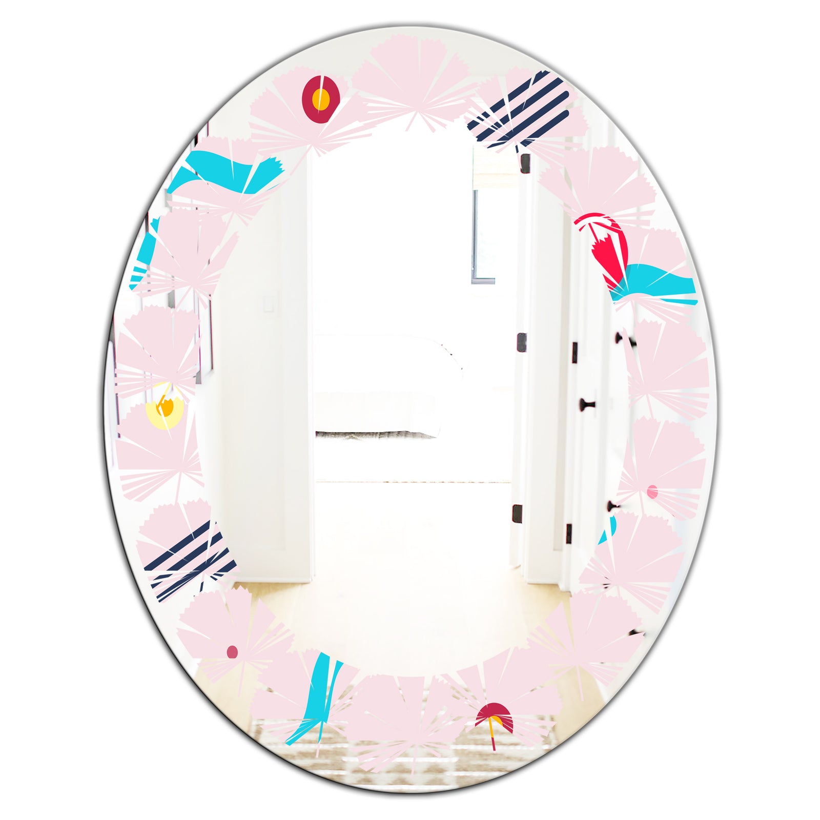Retro Geometrical Abstract Pattern III - Modern Round or Oval Wall Mirror - Leaves