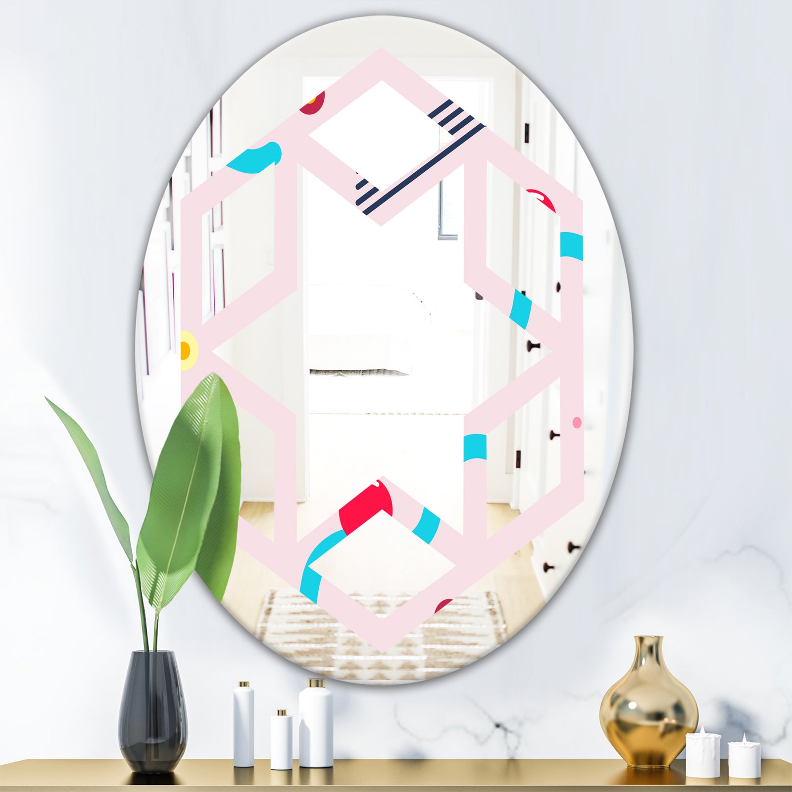 Retro Geometrical Abstract Pattern III - Modern Round or Oval Wall Mirror - Hexagon Star