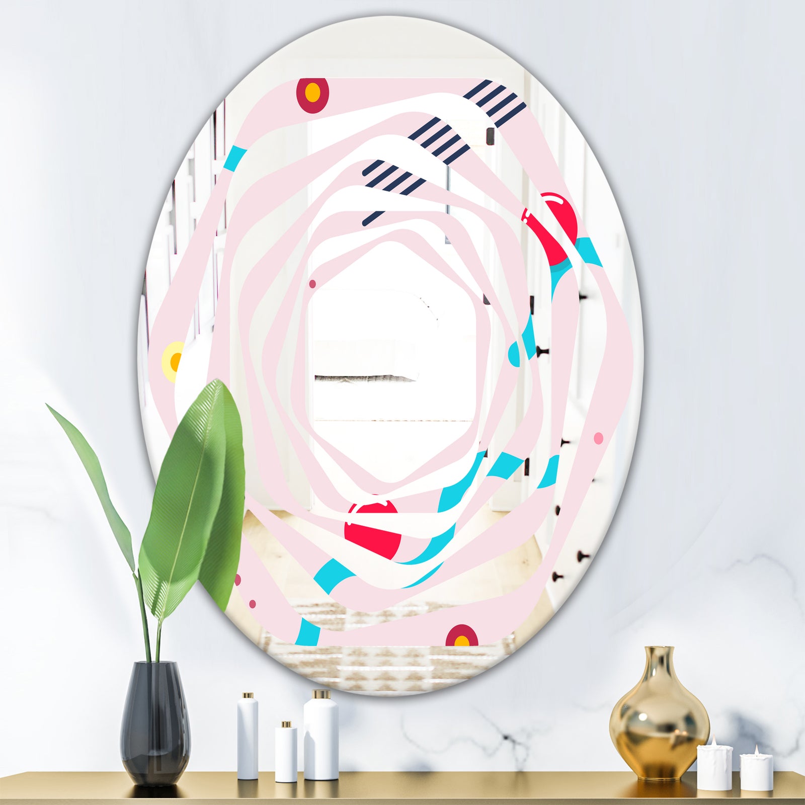 Retro Geometrical Abstract Pattern III - Modern Round or Oval Wall Mirror - Whirl