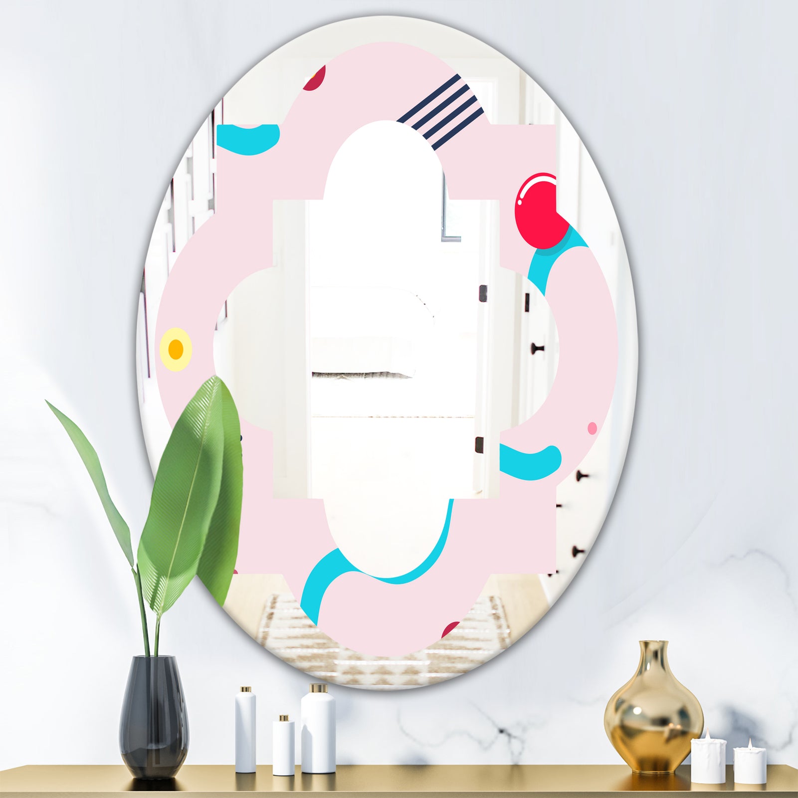 Retro Geometrical Abstract Pattern III - Modern Round or Oval Wall Mirror - Quatrefoil