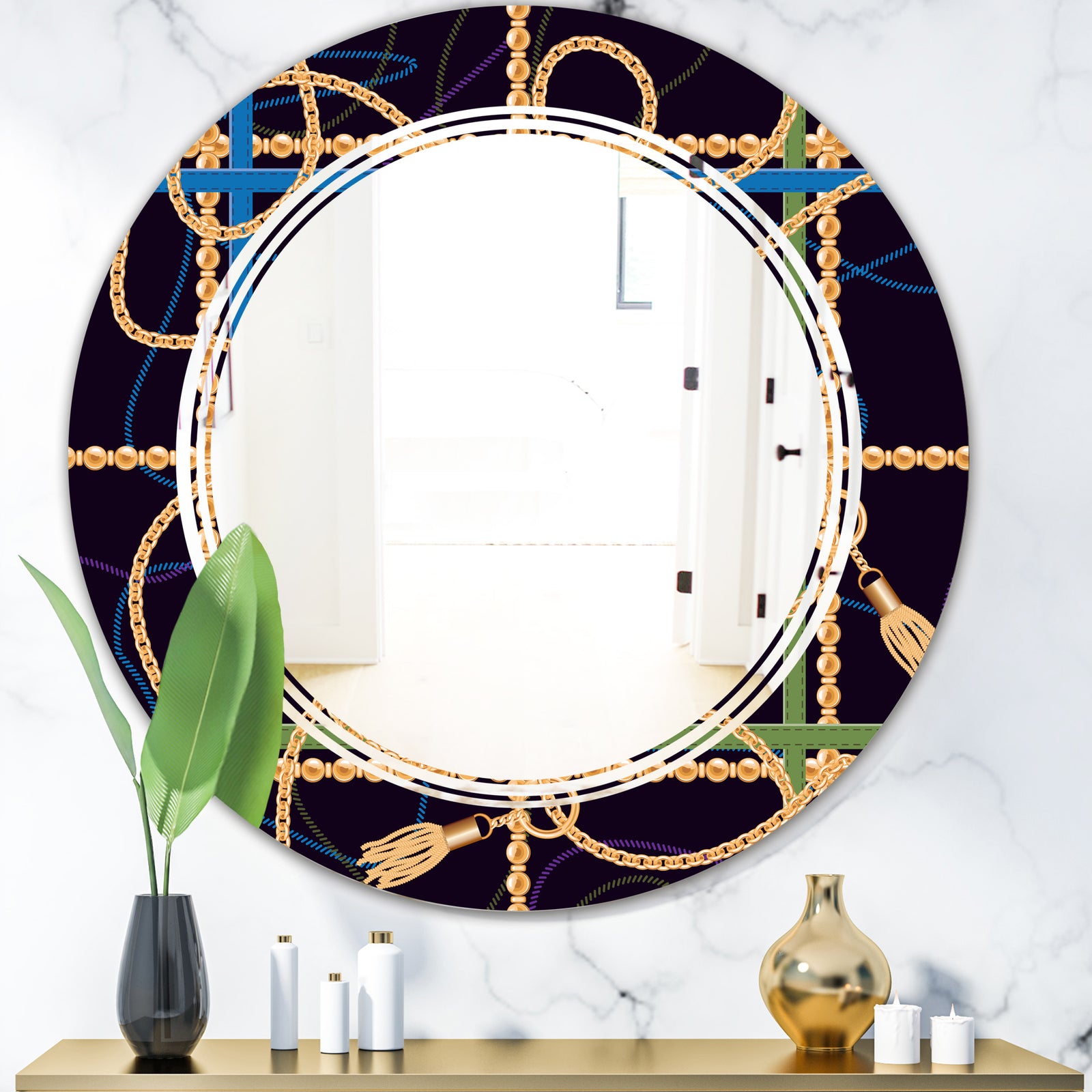 Trendy Gold Chain Pattern - Modern Round or Oval Wall Mirror - Triple C