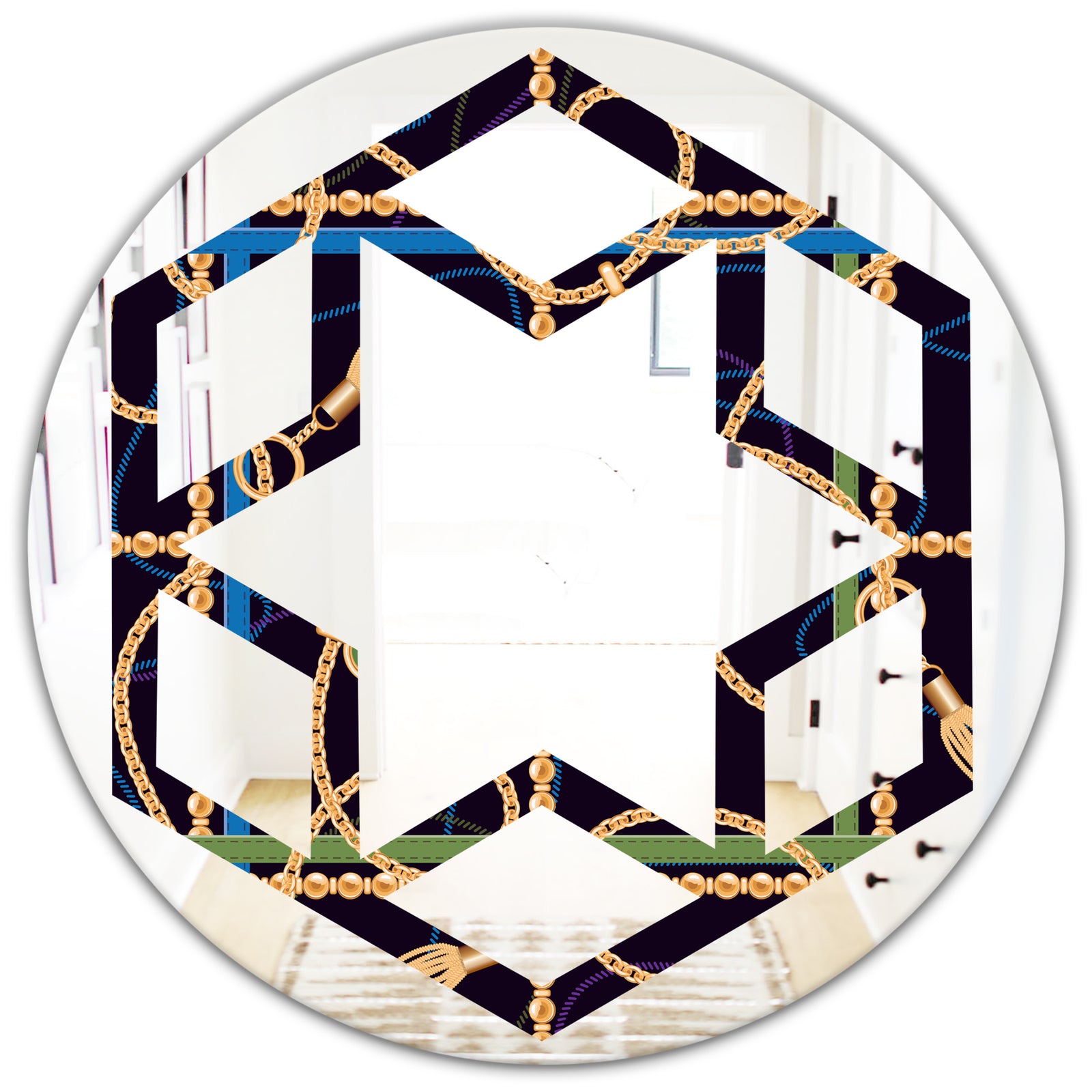 Trendy Gold Chain Pattern - Modern Round or Oval Wall Mirror - Hexagon Star