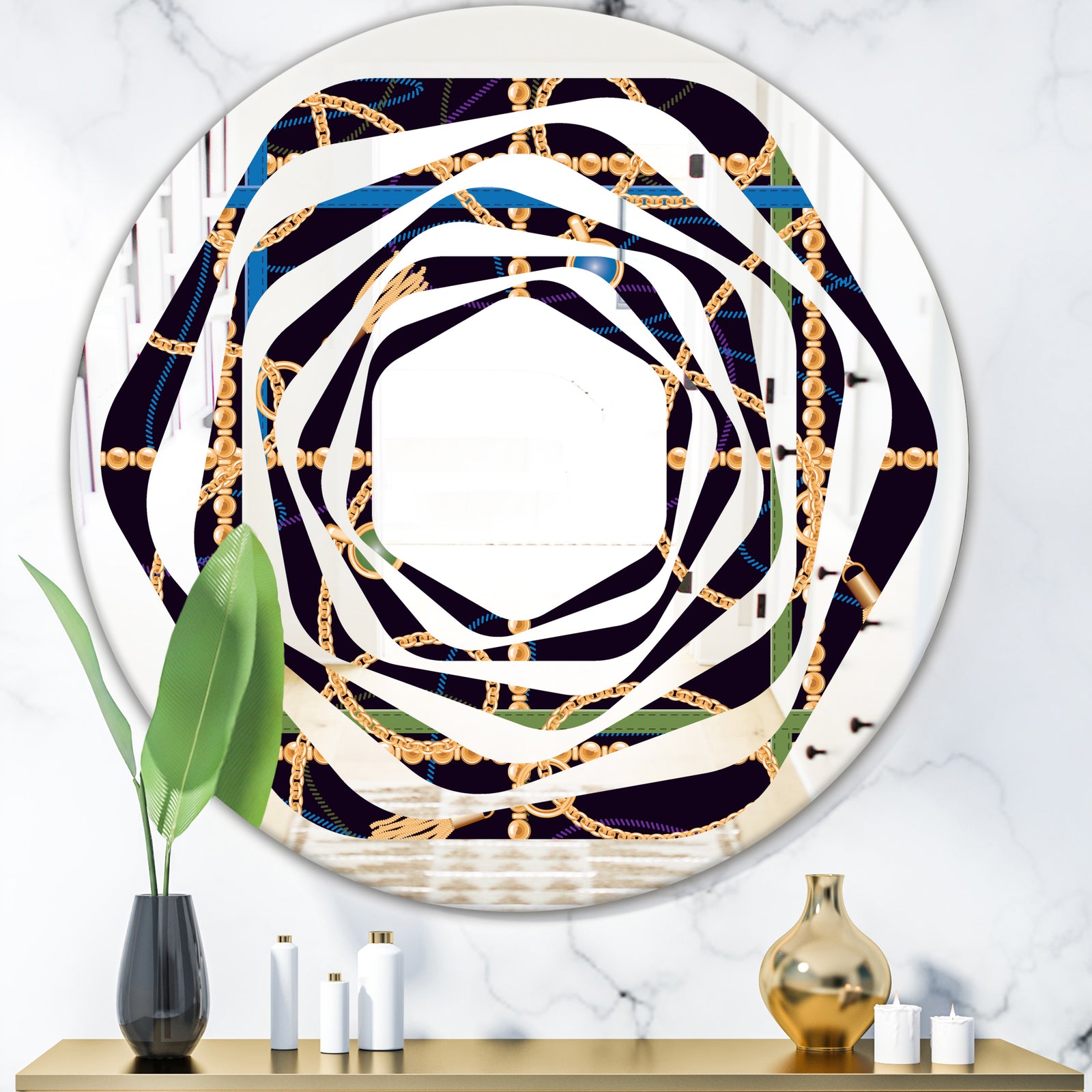 Trendy Gold Chain Pattern - Modern Round or Oval Wall Mirror - Whirl