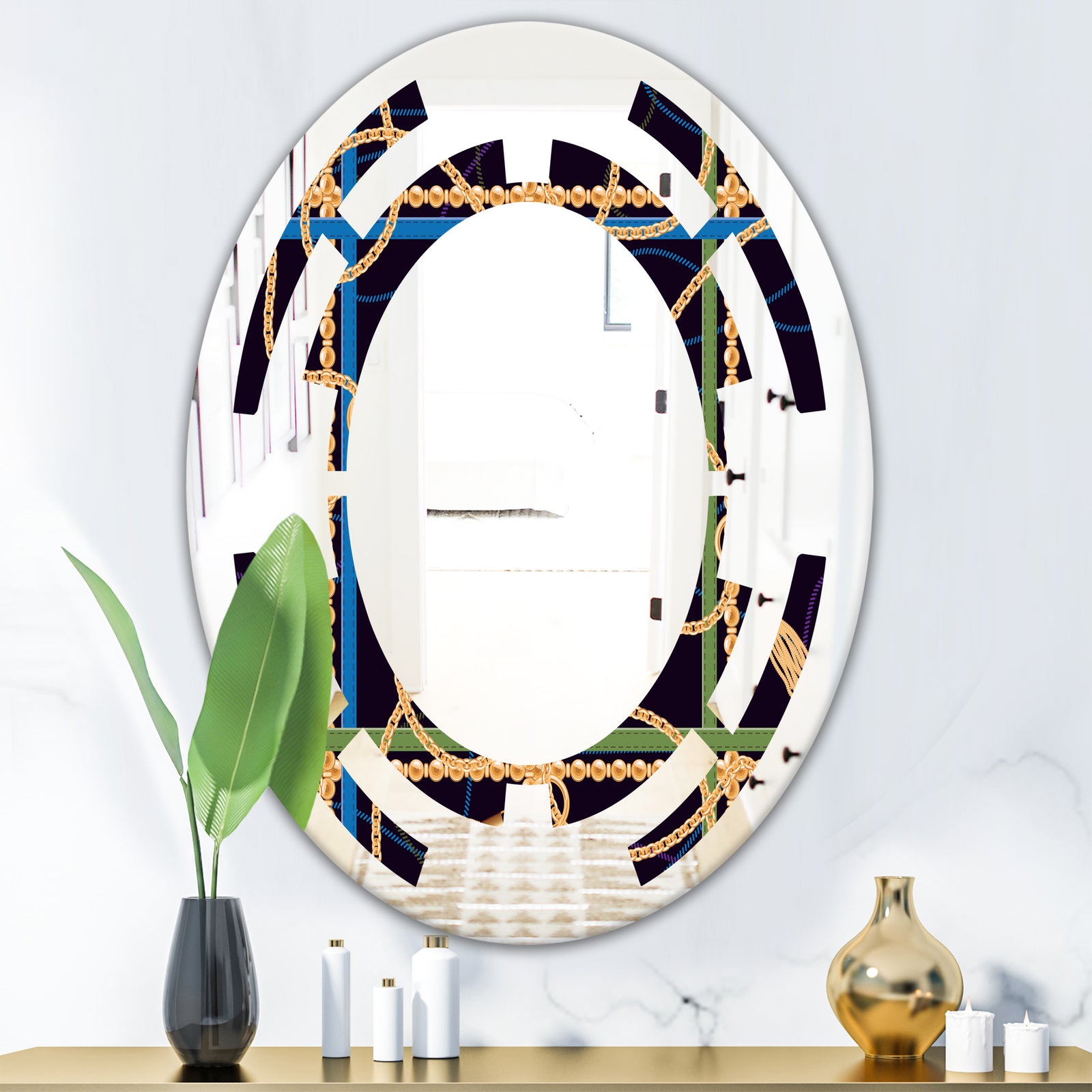 Trendy Gold Chain Pattern - Modern Round or Oval Wall Mirror - Space