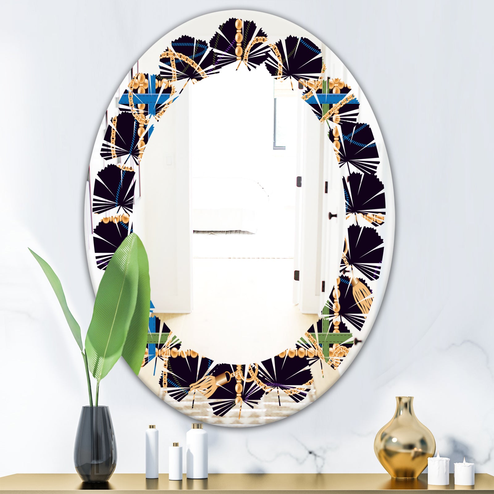 Trendy Gold Chain Pattern - Modern Round or Oval Wall Mirror - Leaves