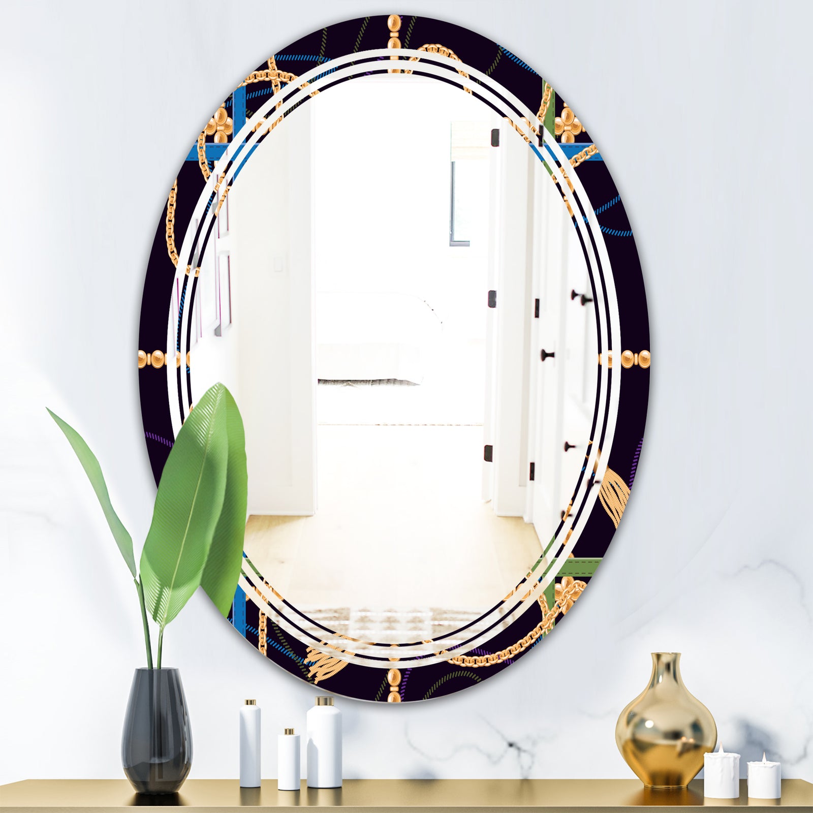 Trendy Gold Chain Pattern - Modern Round or Oval Wall Mirror - Triple C