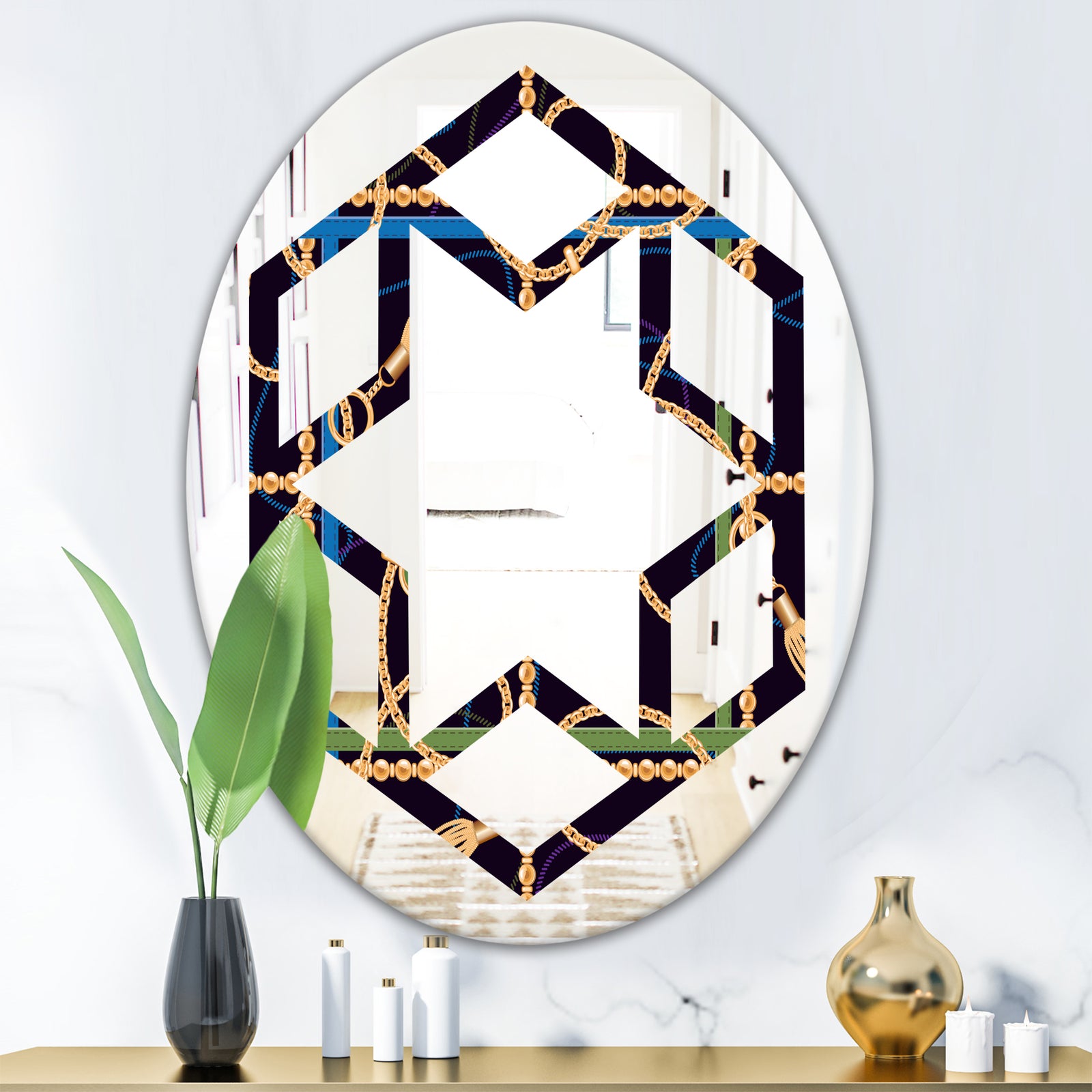 Trendy Gold Chain Pattern - Modern Round or Oval Wall Mirror - Hexagon Star