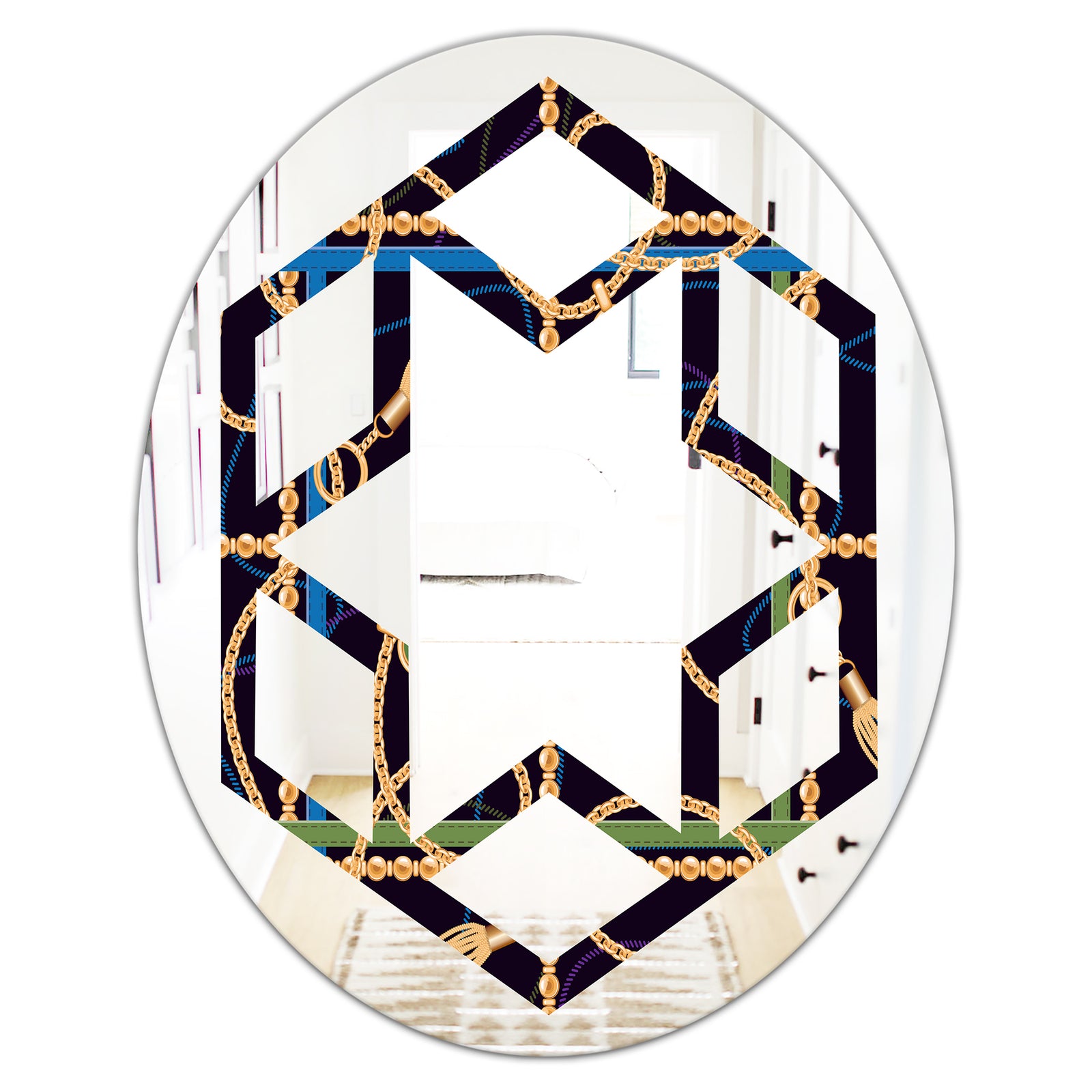 Trendy Gold Chain Pattern - Modern Round or Oval Wall Mirror - Hexagon Star
