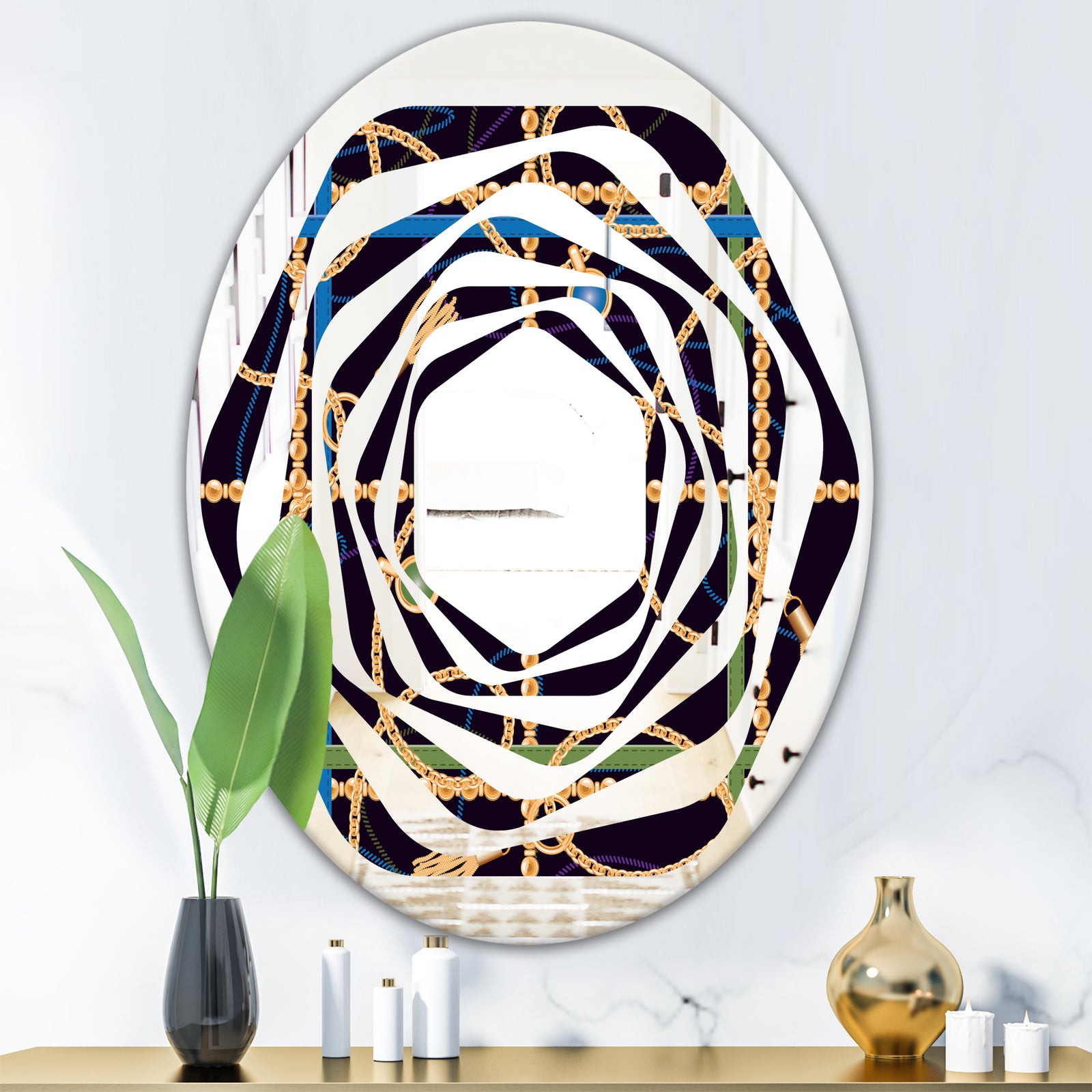 Trendy Gold Chain Pattern - Modern Round or Oval Wall Mirror - Whirl