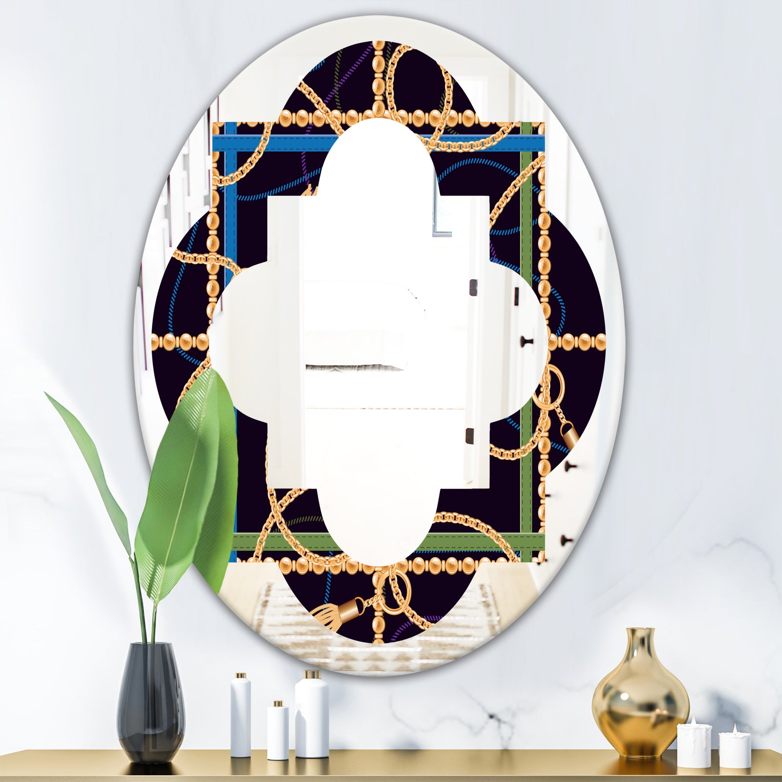 Trendy Gold Chain Pattern - Modern Round or Oval Wall Mirror - Quatrefoil