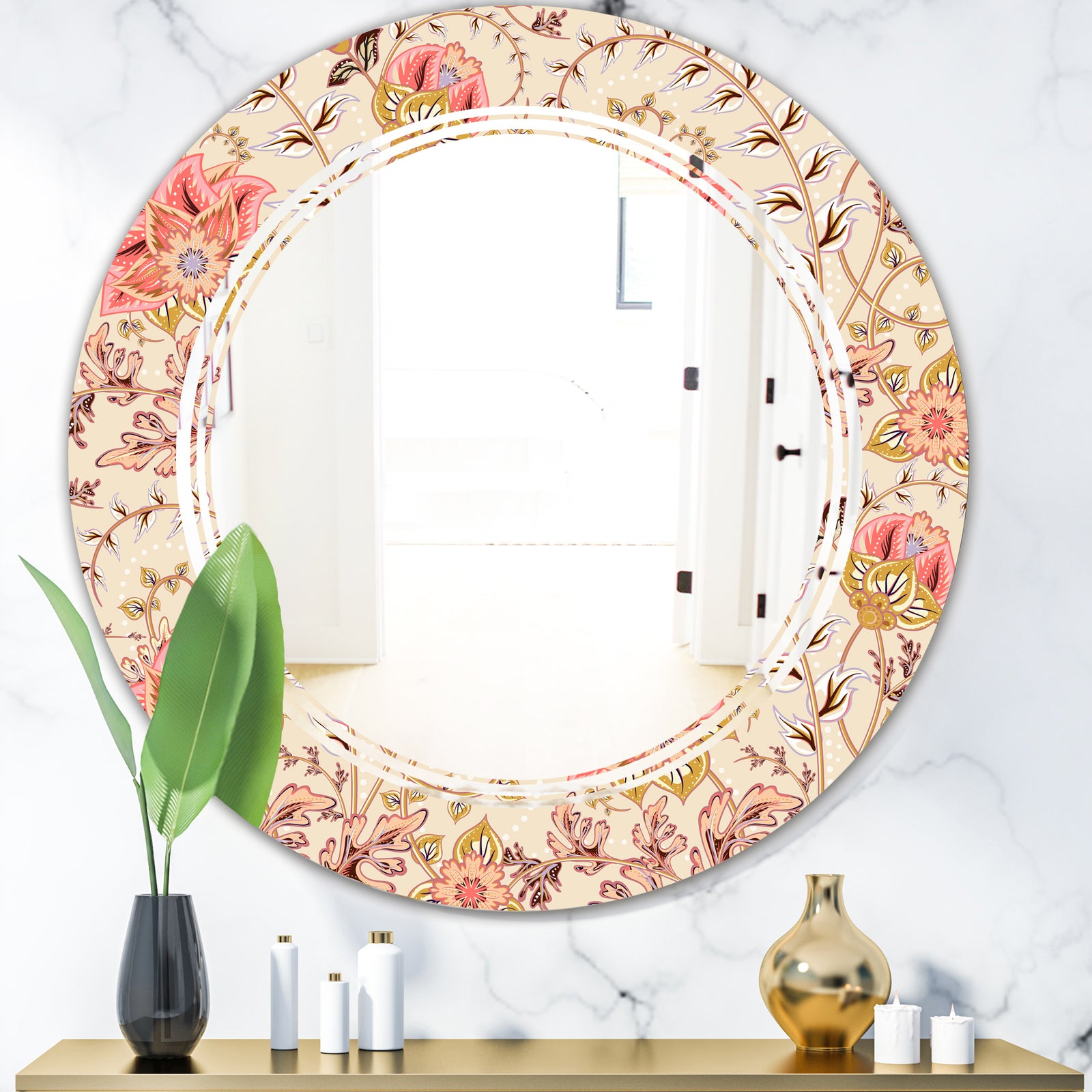 Oriental Floral Paisley - Modern Round or Oval Wall Mirror - Triple C