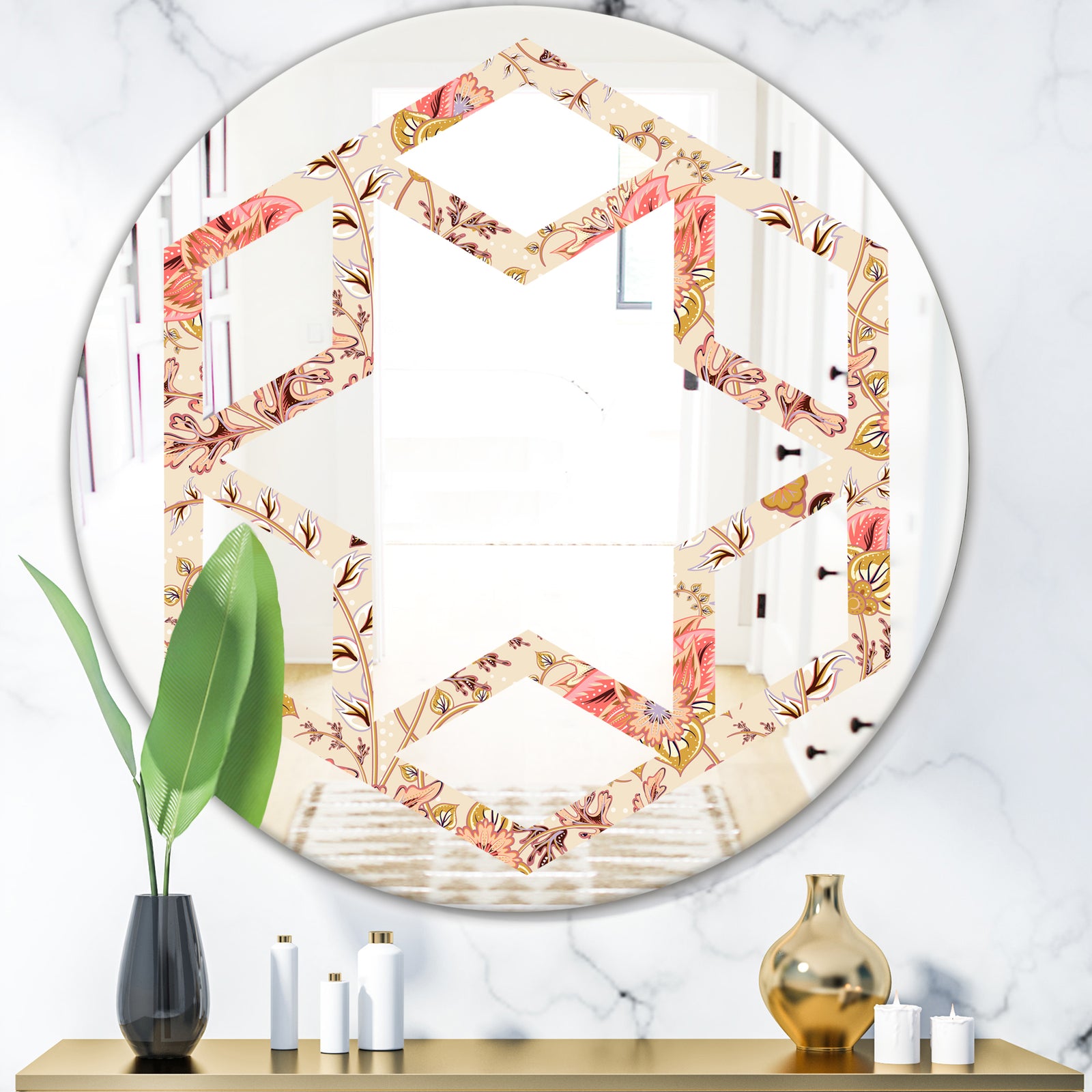 Oriental Floral Paisley - Modern Round or Oval Wall Mirror - Hexagon Star