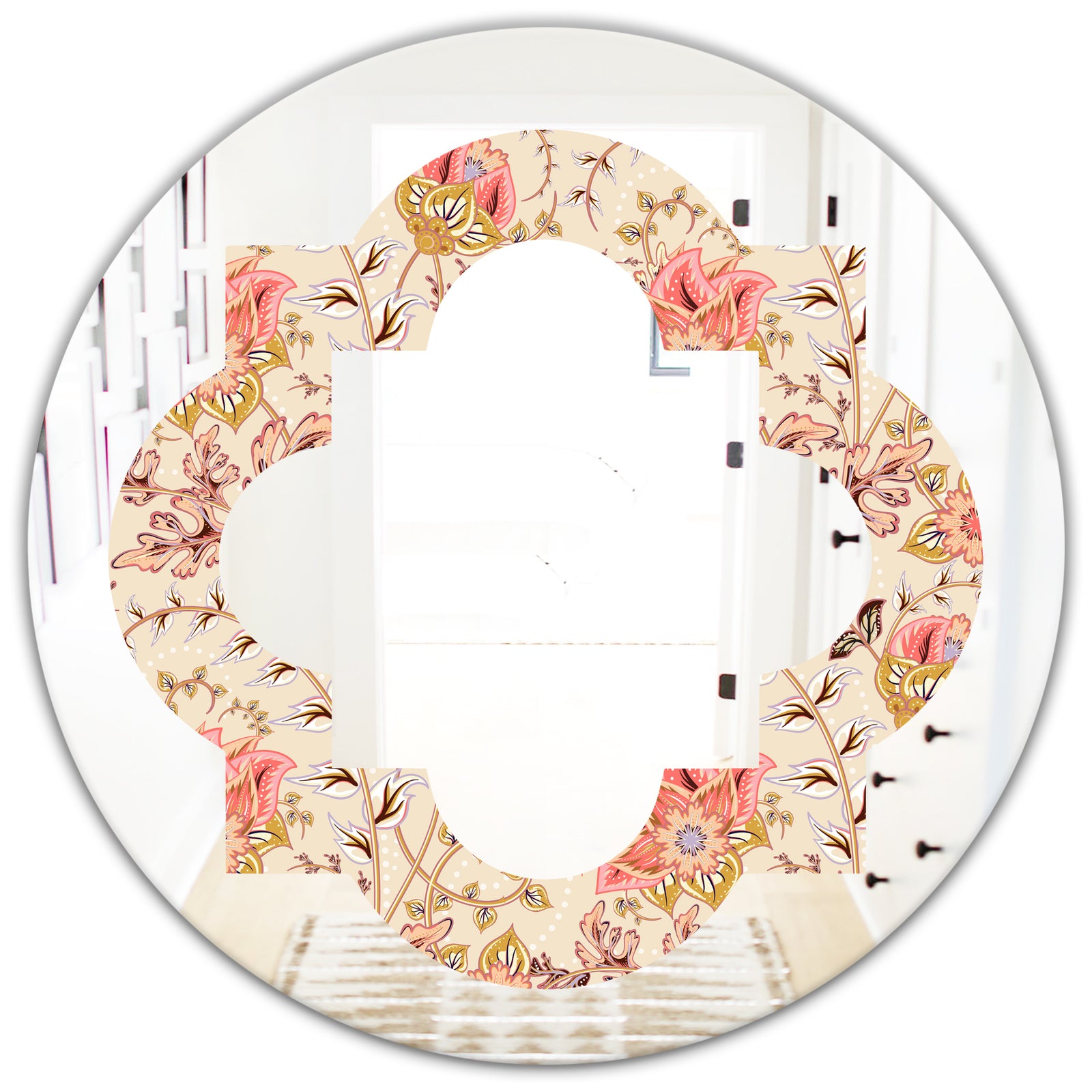 Oriental Floral Paisley - Modern Round or Oval Wall Mirror - Quatrefoil