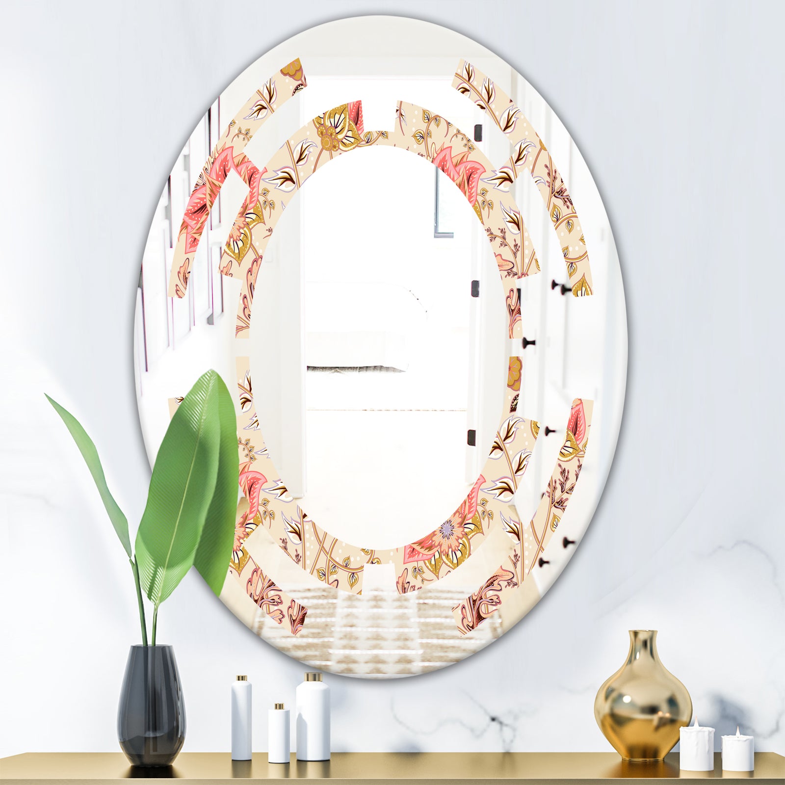 Oriental Floral Paisley - Modern Round or Oval Wall Mirror - Space