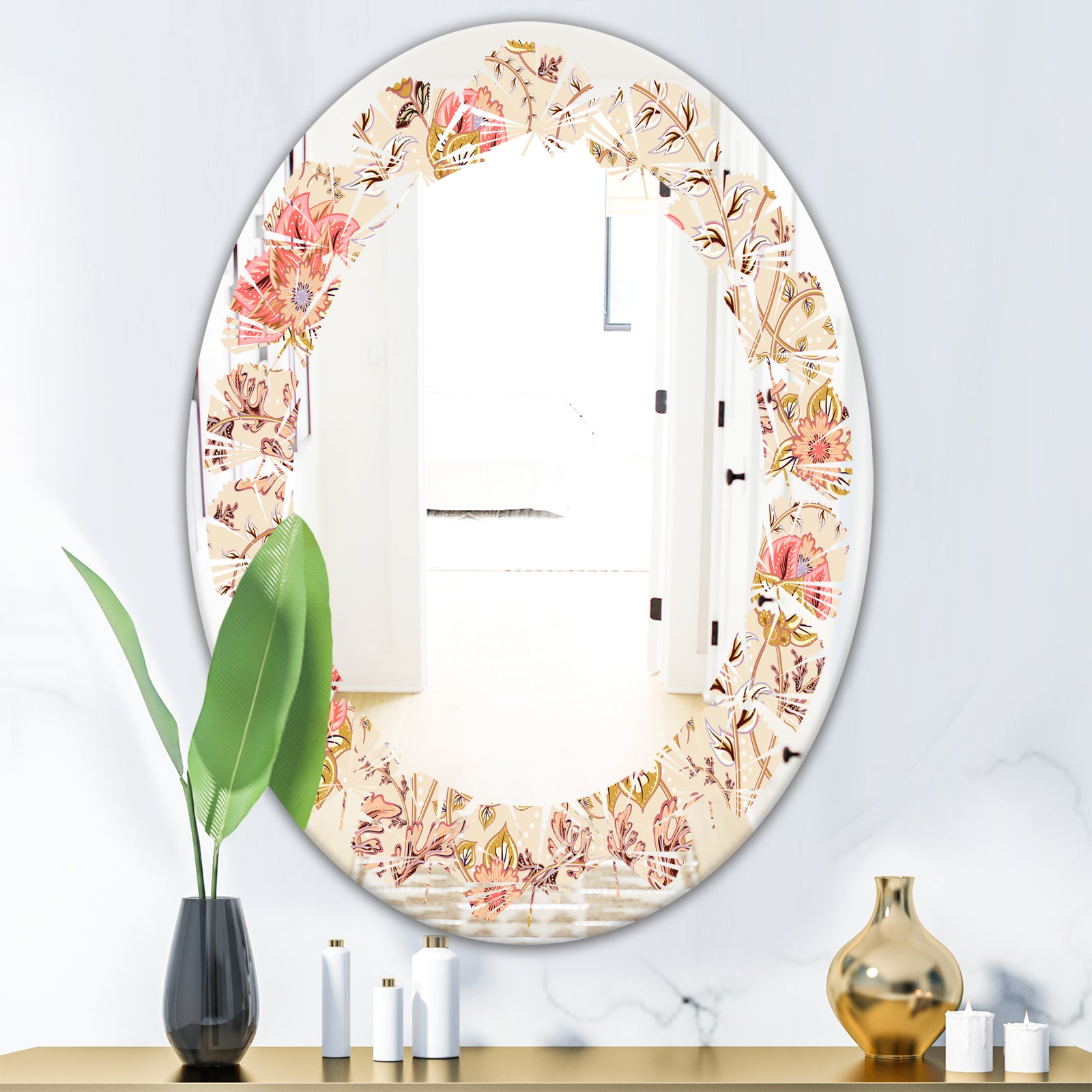 Oriental Floral Paisley - Modern Round or Oval Wall Mirror - Leaves