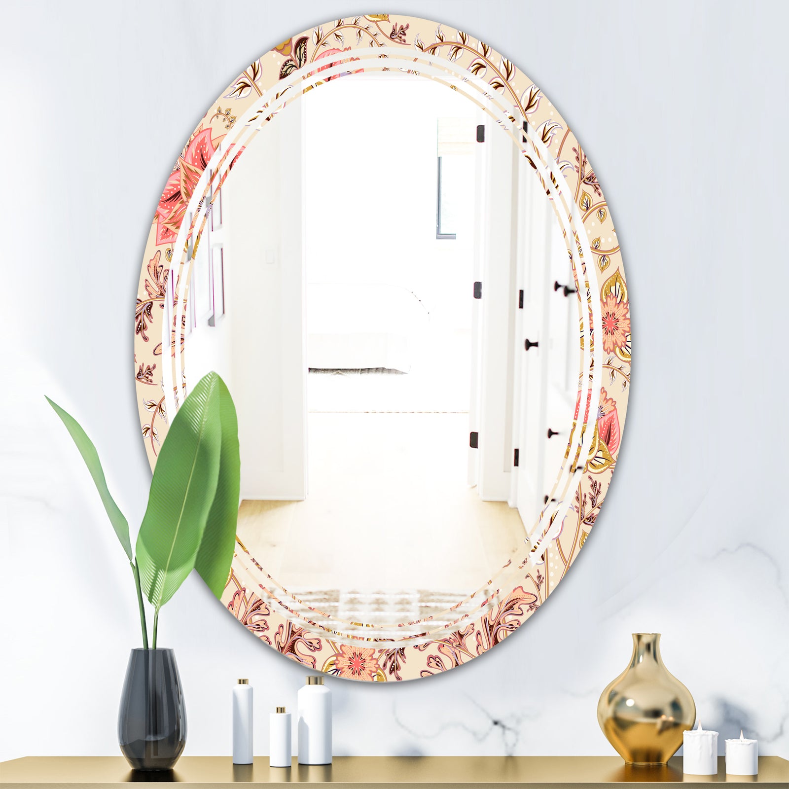 Oriental Floral Paisley - Modern Round or Oval Wall Mirror - Triple C