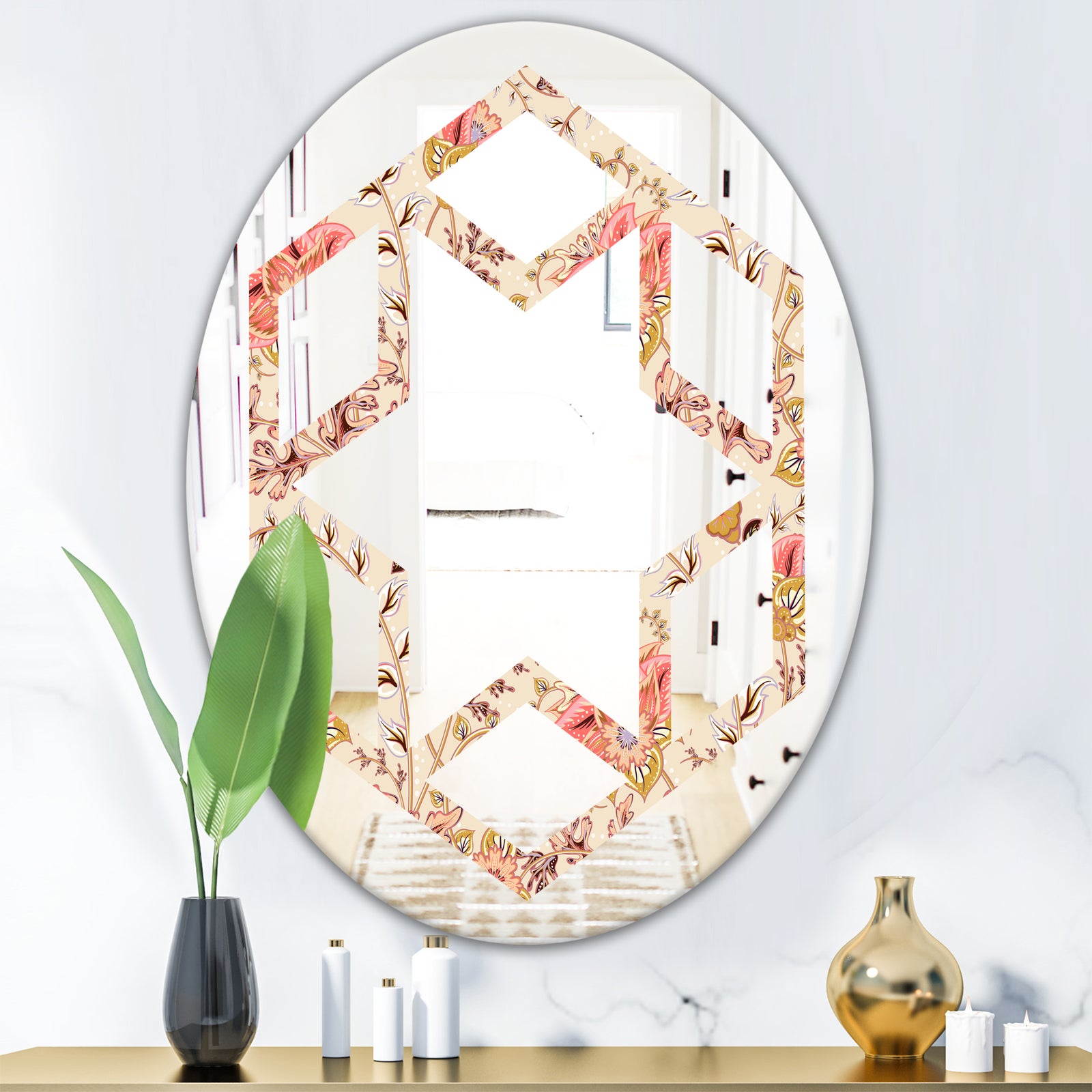 Oriental Floral Paisley - Modern Round or Oval Wall Mirror - Hexagon Star