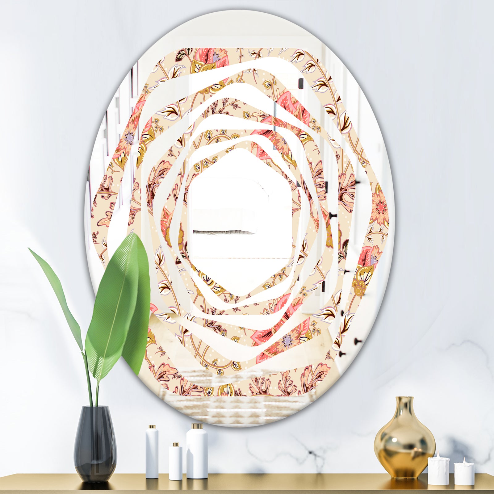 Oriental Floral Paisley - Modern Round or Oval Wall Mirror - Whirl