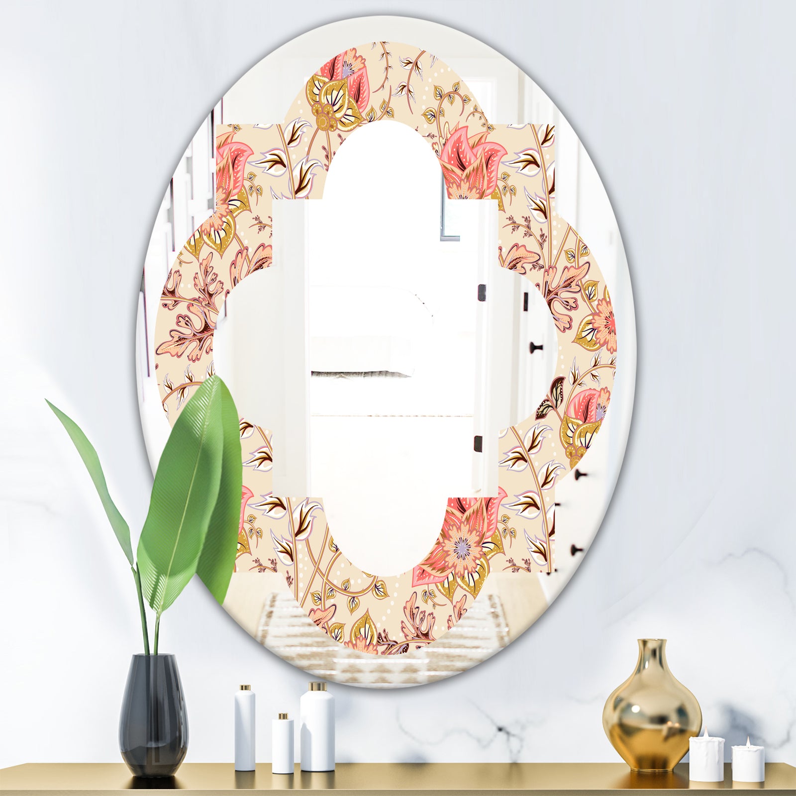 Oriental Floral Paisley - Modern Round or Oval Wall Mirror - Quatrefoil