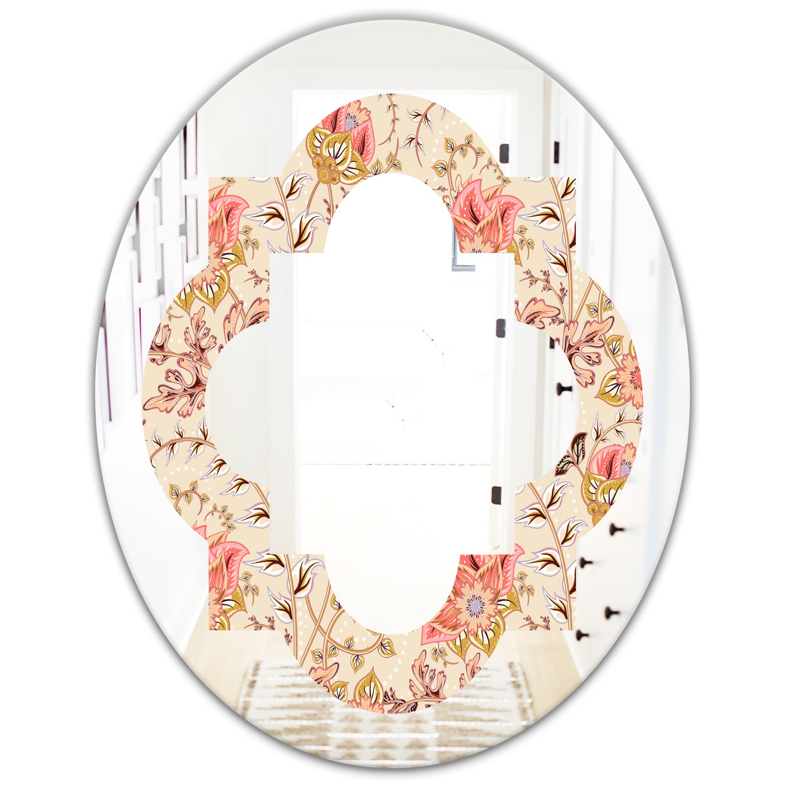 Oriental Floral Paisley - Modern Round or Oval Wall Mirror - Quatrefoil