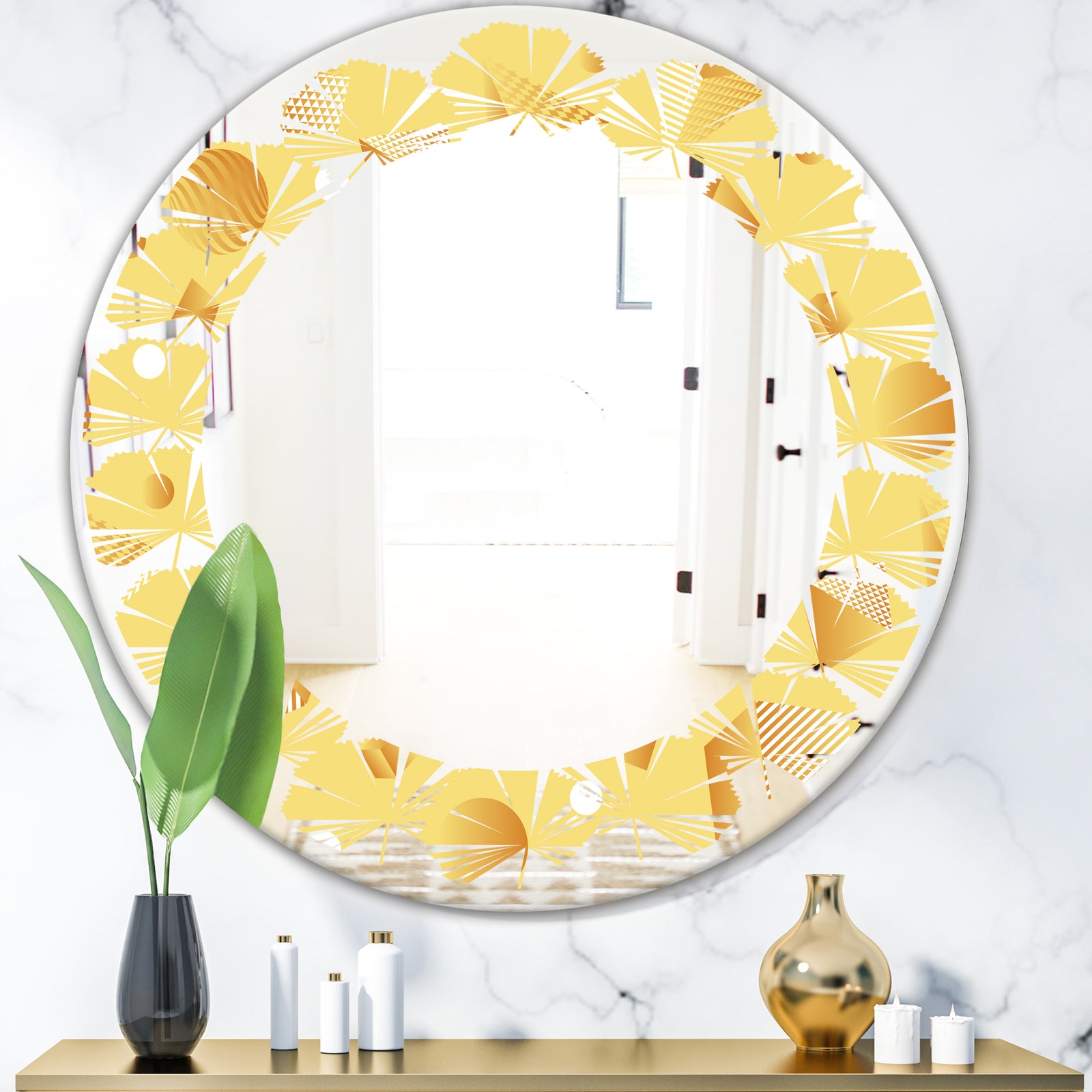 Minimal Yellow Geometrical Shapes - Modern Round or Oval Wall Mirror - Leaves