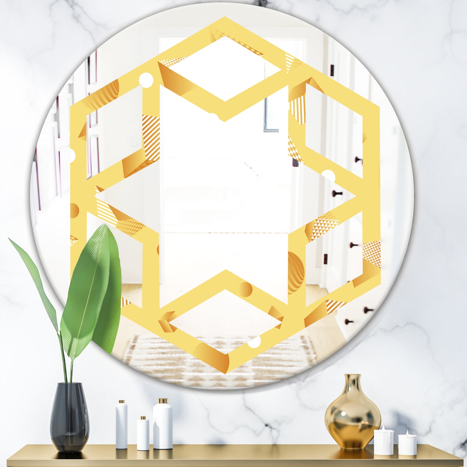 Minimal Yellow Geometrical Shapes - Modern Round or Oval Wall Mirror - Hexagon Star