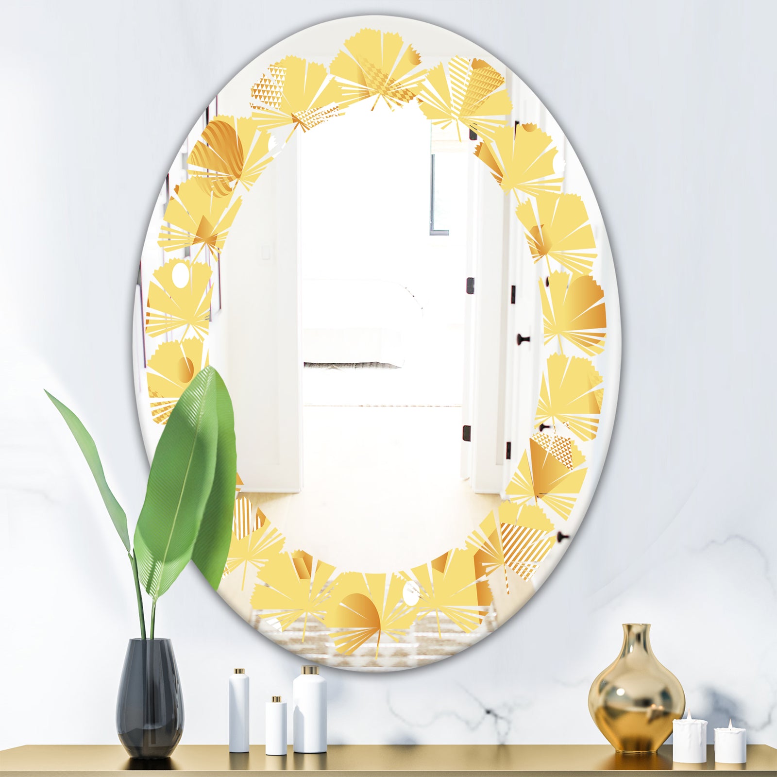 Minimal Yellow Geometrical Shapes - Modern Round or Oval Wall Mirror - Leaves