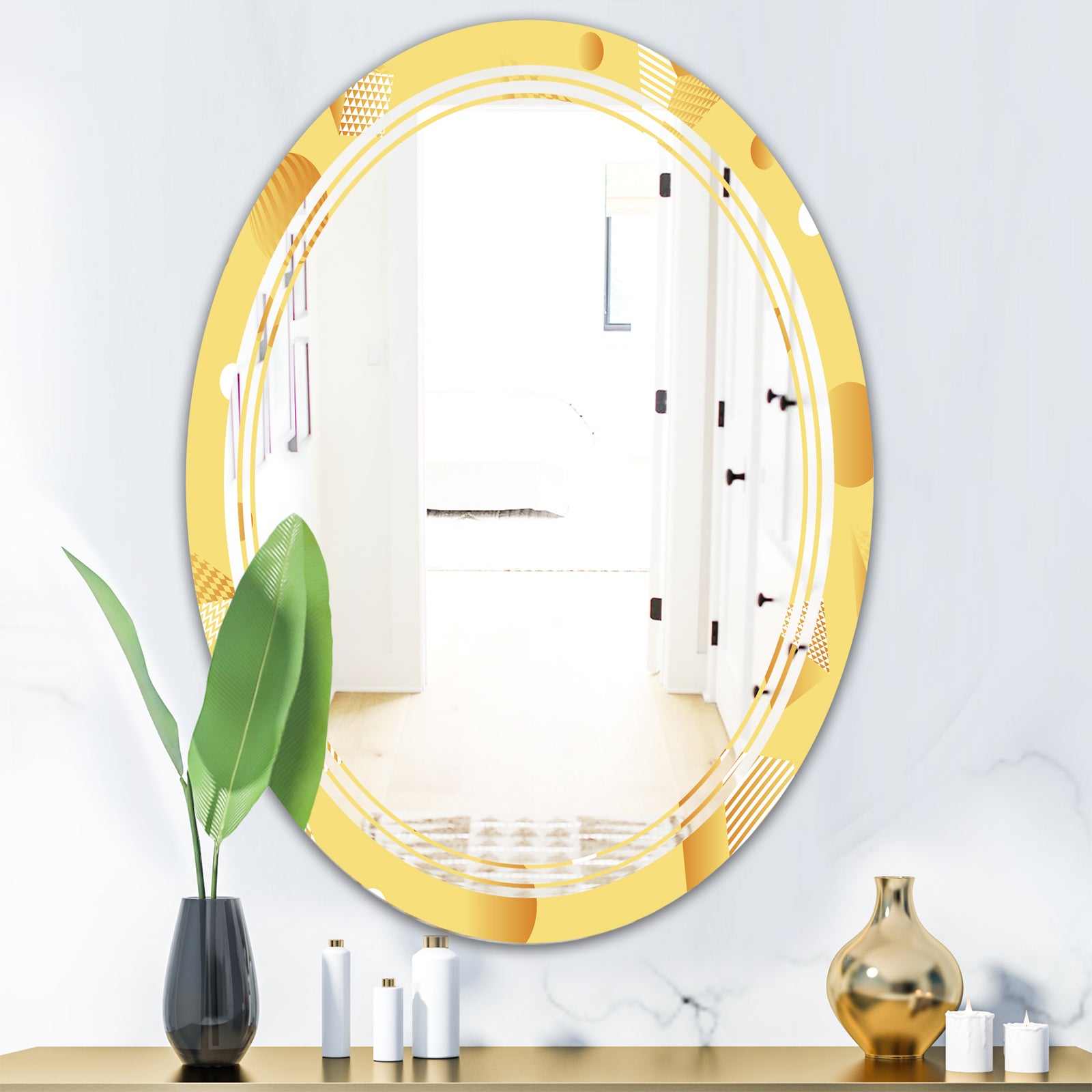 Minimal Yellow Geometrical Shapes - Modern Round or Oval Wall Mirror - Triple C