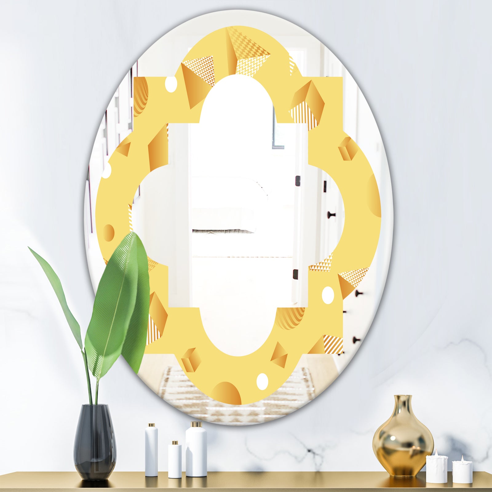 Minimal Yellow Geometrical Shapes - Modern Round or Oval Wall Mirror - Quatrefoil