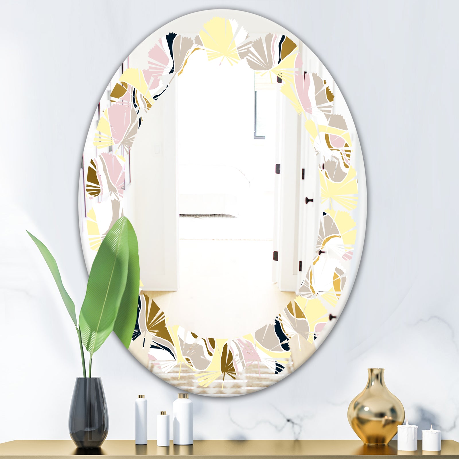 Golden River Stones - Modern Round or Oval Wall Mirror - Leaves
