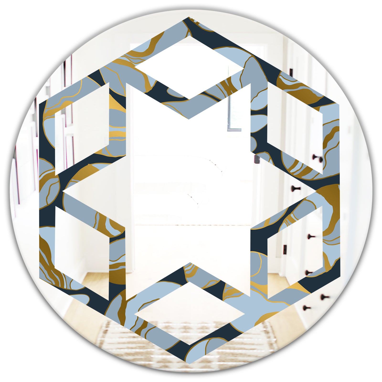 Golden Marble Design IV - Modern Round or Oval Wall Mirror - Hexagon Star