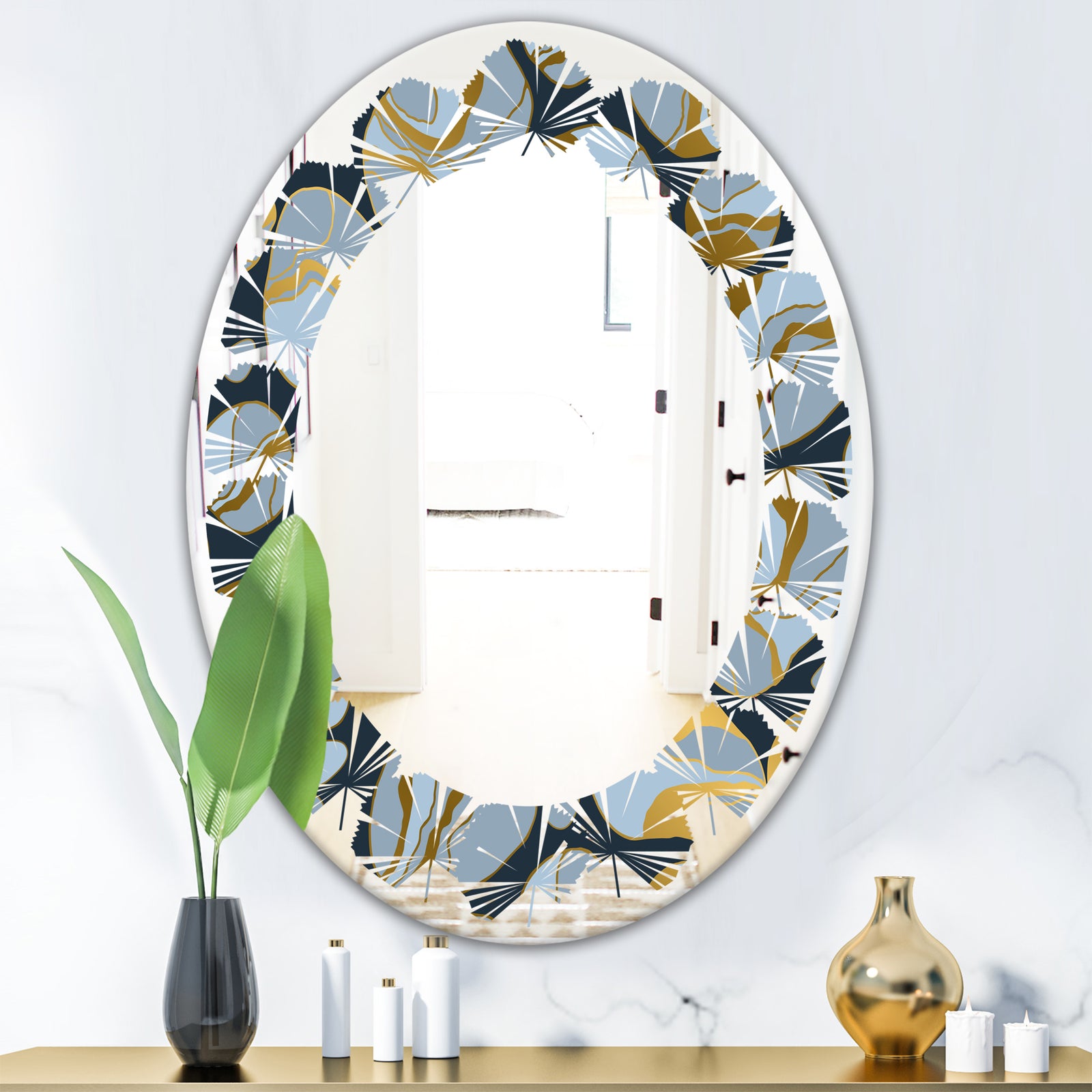 Golden Marble Design IV - Modern Round or Oval Wall Mirror - Leaves