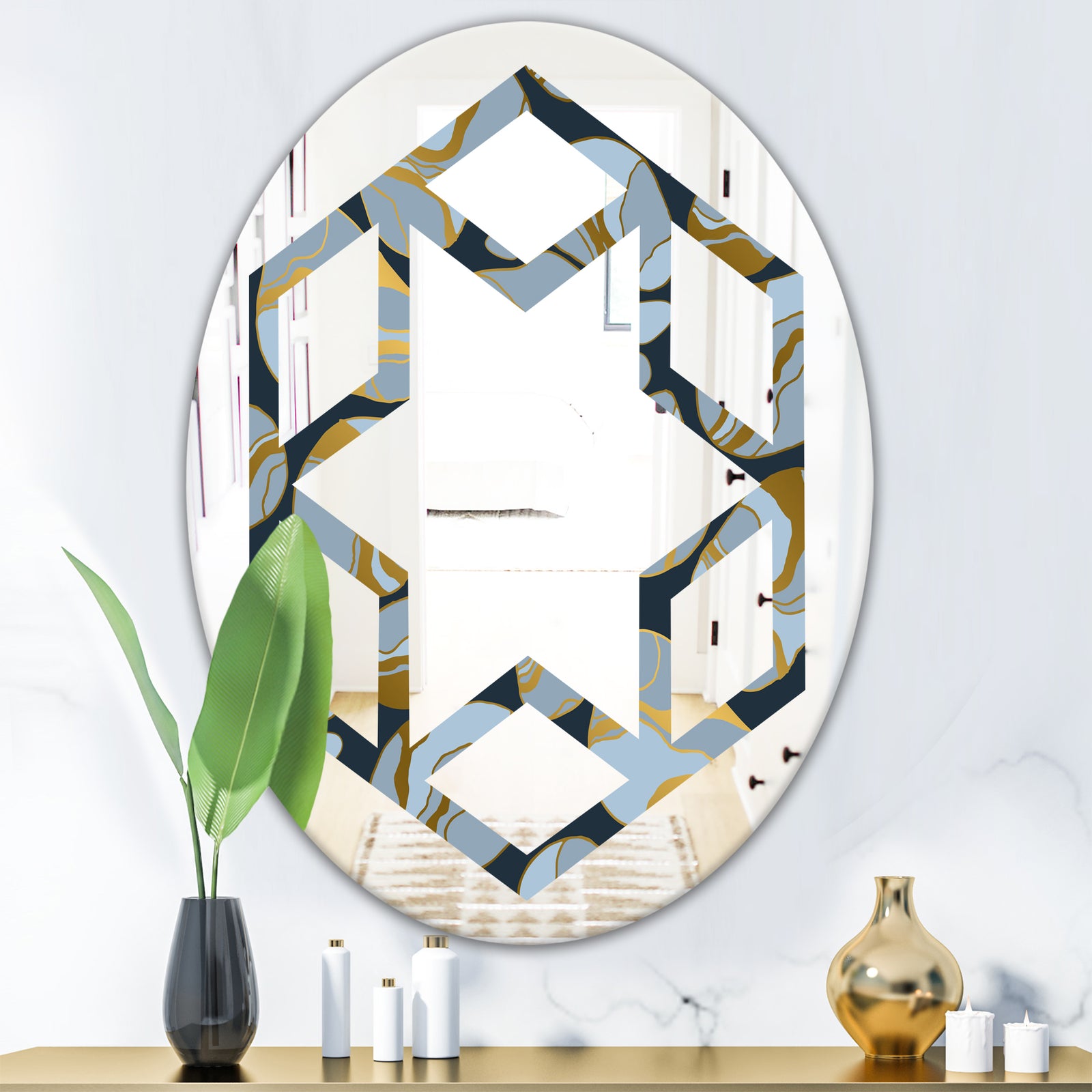 Golden Marble Design IV - Modern Round or Oval Wall Mirror - Hexagon Star