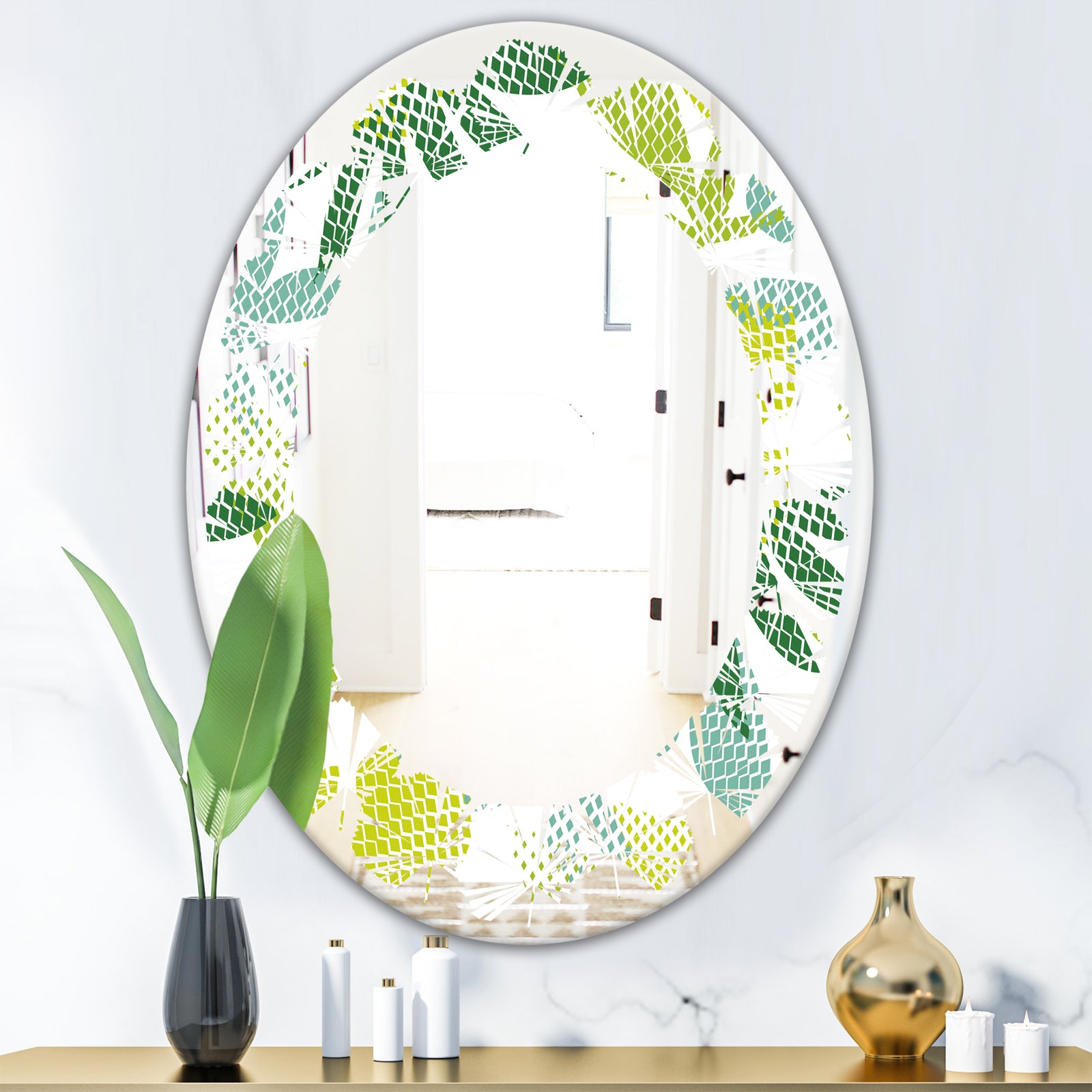 Tropical Botanicals III - Modern Round or Oval Wall Mirror - Leaves