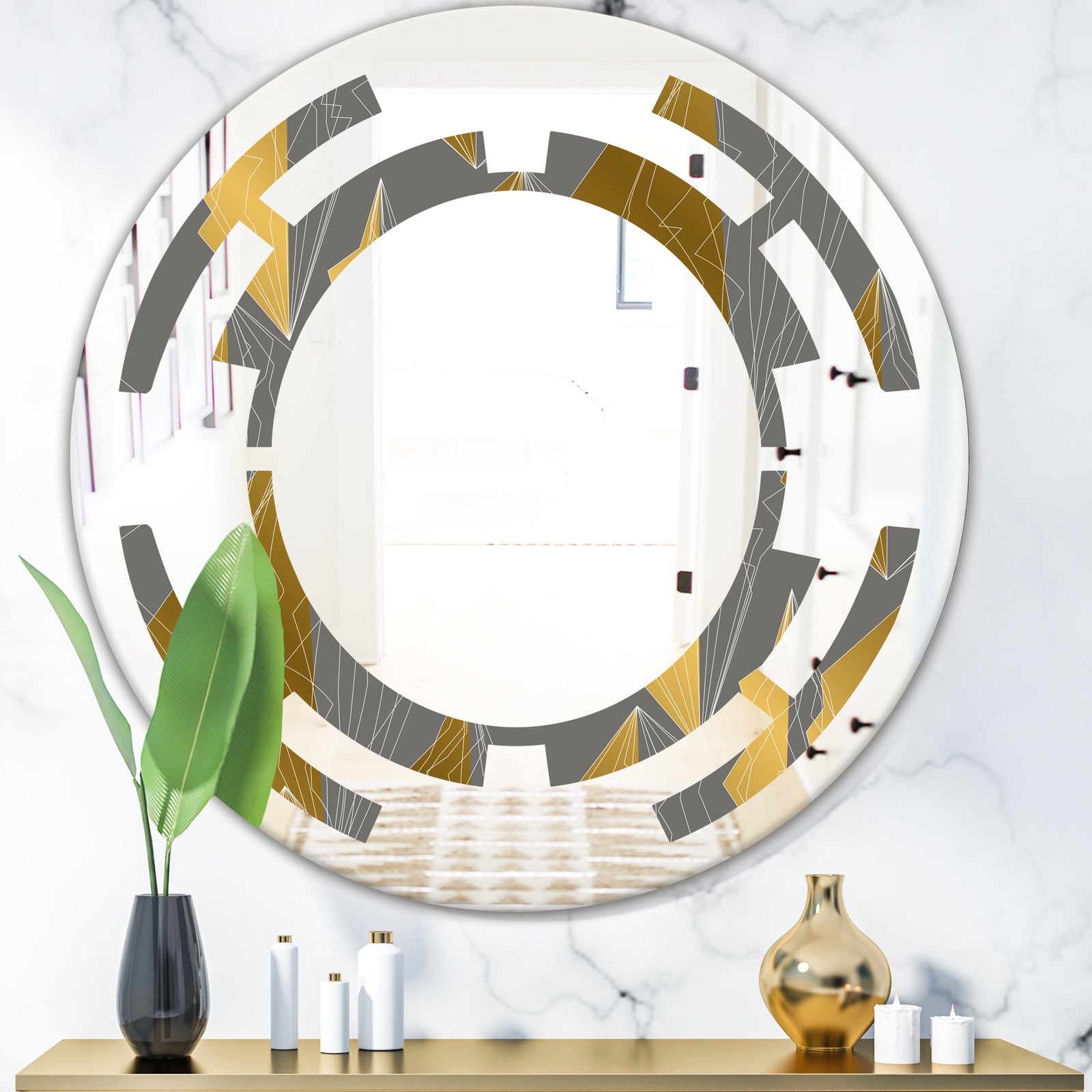 Golden Polygon Pattern - Modern Round or Oval Wall Mirror - Space