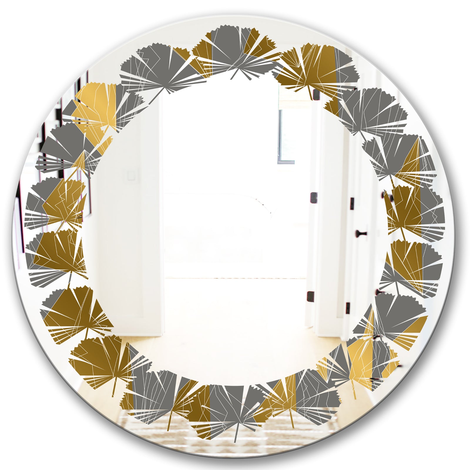 Golden Polygon Pattern - Modern Round or Oval Wall Mirror - Leaves