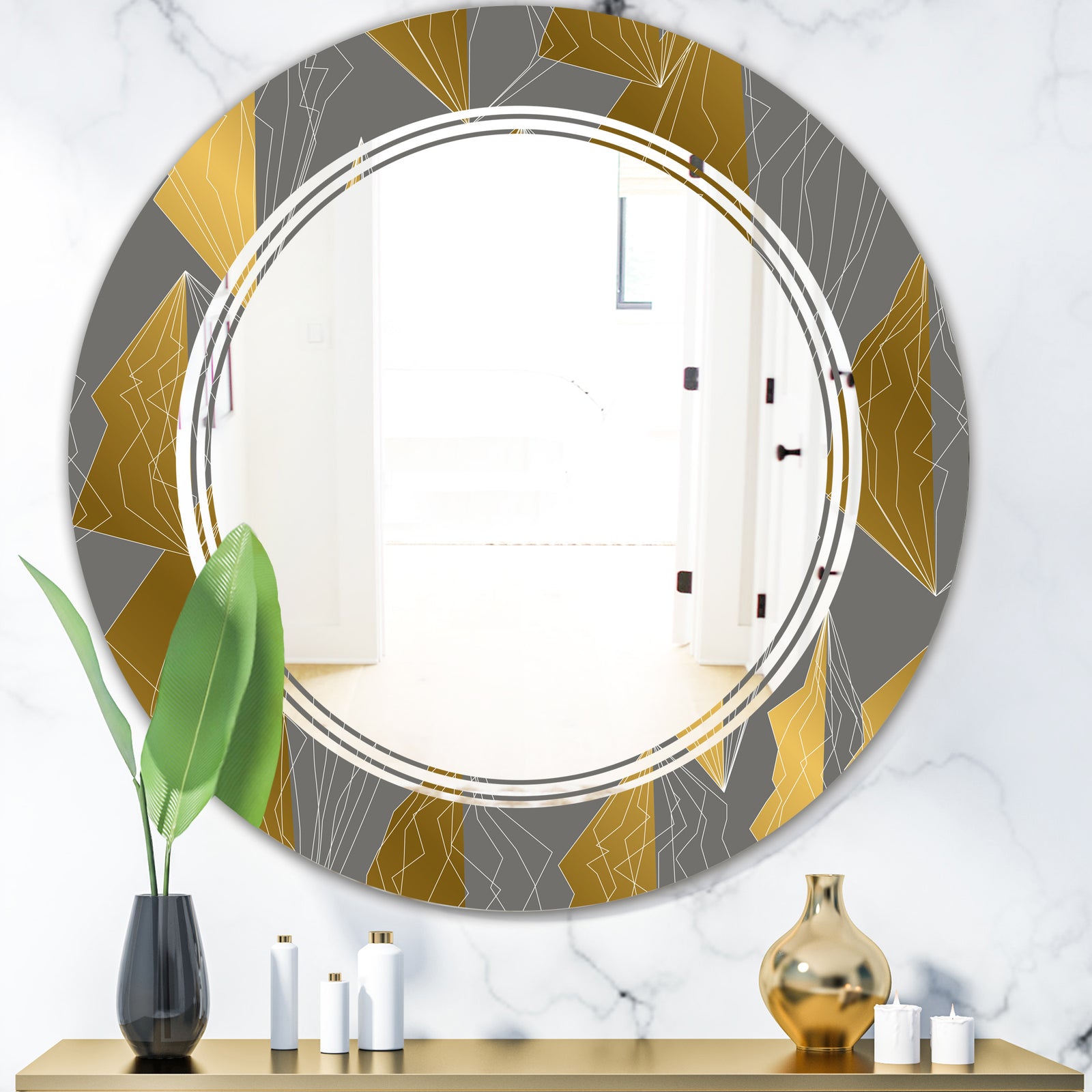 Golden Polygon Pattern - Modern Round or Oval Wall Mirror - Triple C