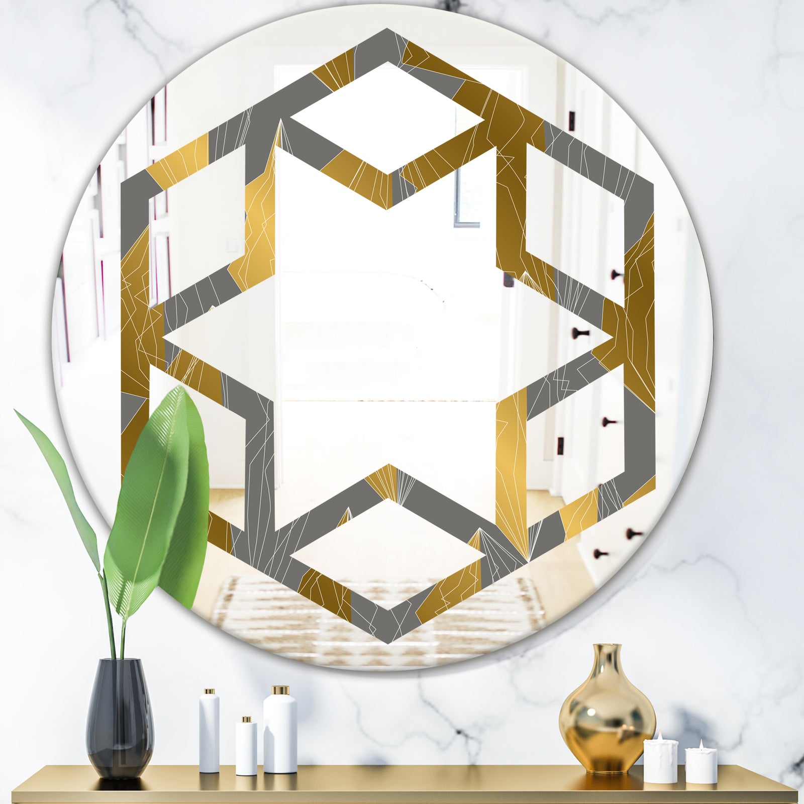 Golden Polygon Pattern - Modern Round or Oval Wall Mirror - Hexagon Star