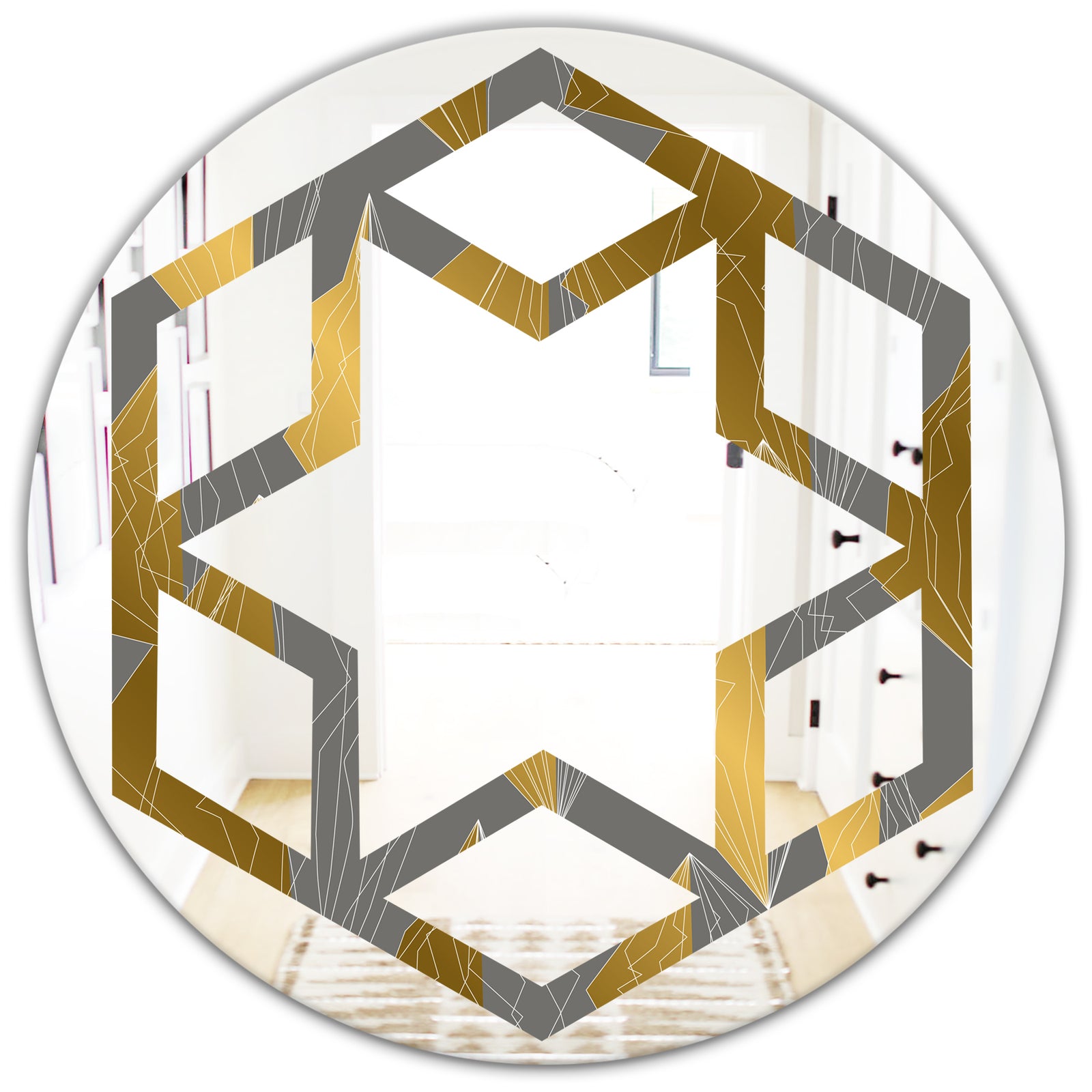 Golden Polygon Pattern - Modern Round or Oval Wall Mirror - Hexagon Star