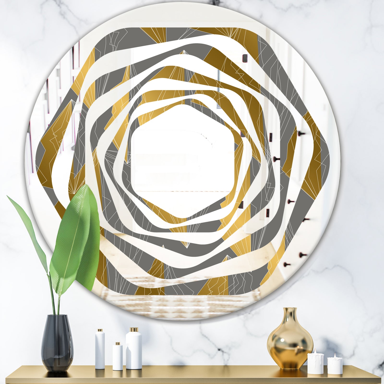 Golden Polygon Pattern - Modern Round or Oval Wall Mirror - Whirl