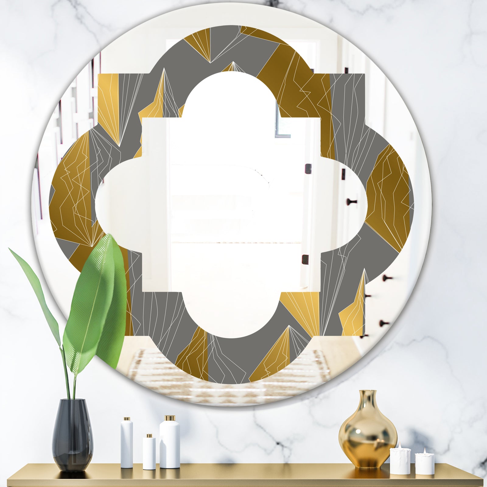 Golden Polygon Pattern - Modern Round or Oval Wall Mirror - Quatrefoil
