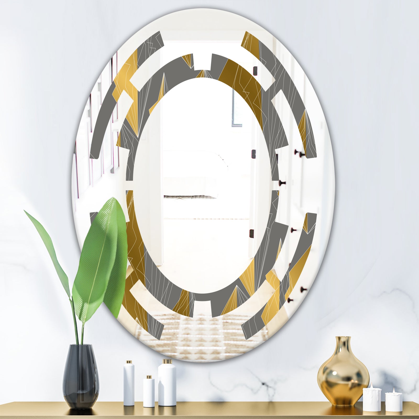 Golden Polygon Pattern - Modern Round or Oval Wall Mirror - Space