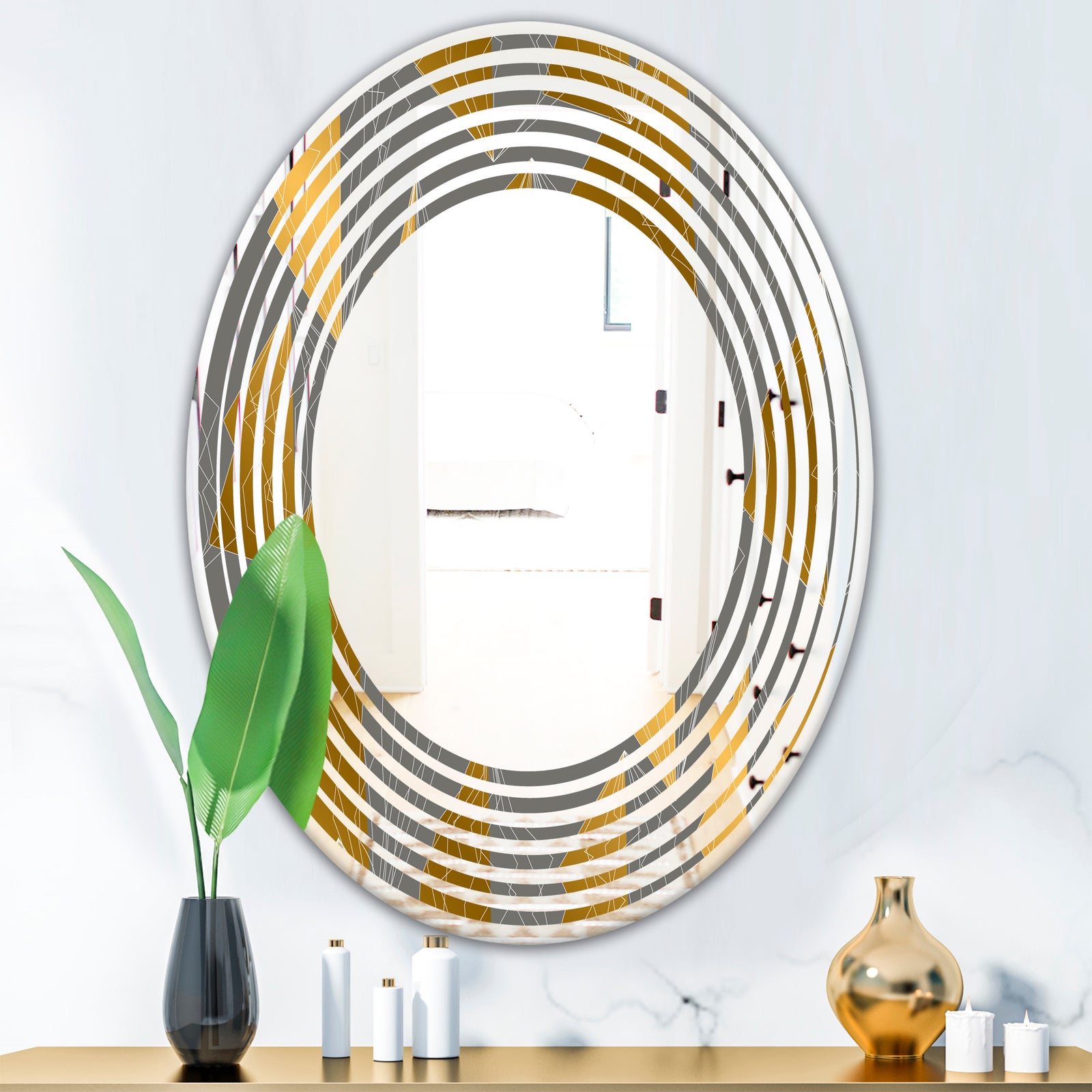 Golden Polygon Pattern - Modern Round or Oval Wall Mirror - Wave