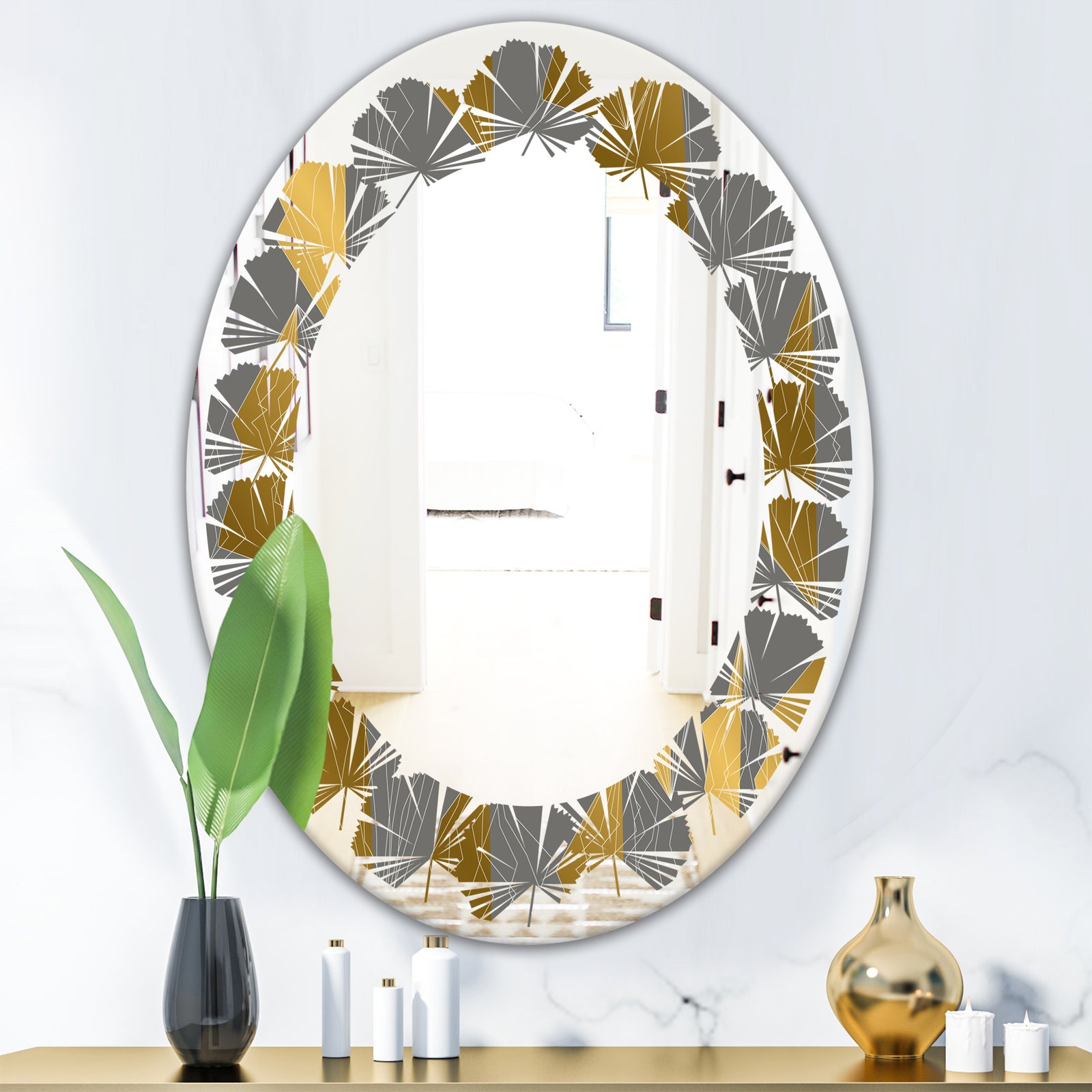 Golden Polygon Pattern - Modern Round or Oval Wall Mirror - Leaves