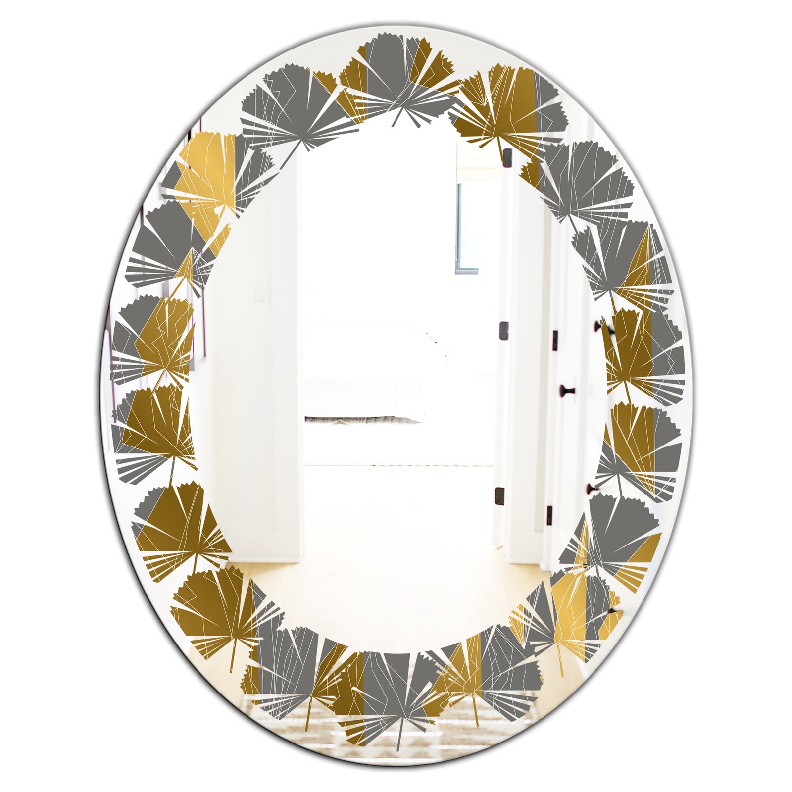 Golden Polygon Pattern - Modern Round or Oval Wall Mirror - Leaves