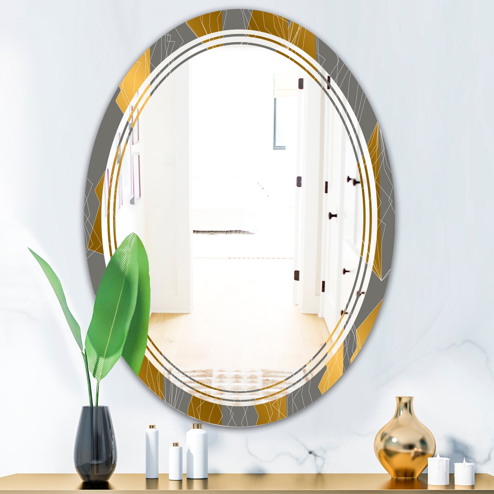 Golden Polygon Pattern - Modern Round or Oval Wall Mirror - Triple C